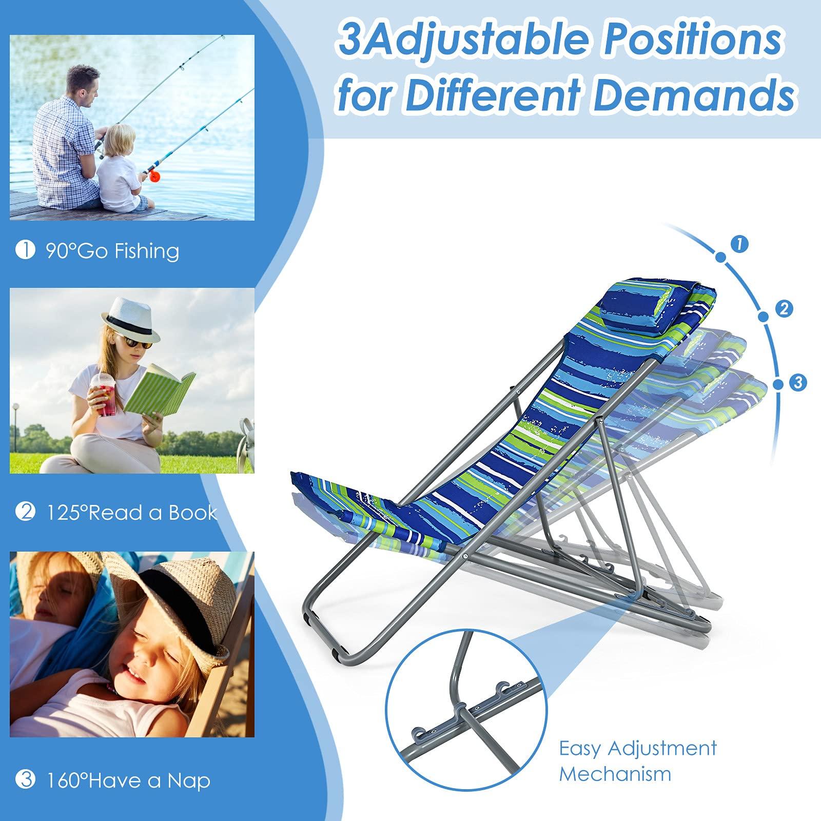 Giantex Giantex Beach Chair for Adults Camping Chair Set, Sunbathing Backpack Folding Recliner with 3 Adjustable Position, Lockable System, Headrest, Non-Slip Foot Pads, Lightweight Sand Chair (2, Blue)