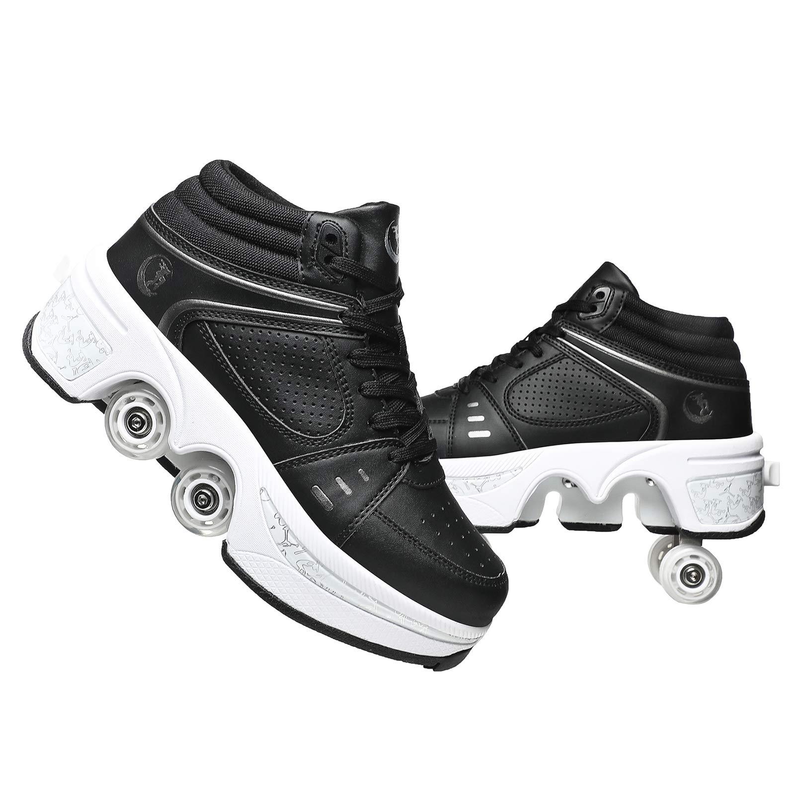 Wedsf Double-Row Deform Wheel Automatic Walking Shoes Invisible Deformation Roller Skate 2 in 1 Removable Pulley Skates Skating Parkour (Black high, US9)