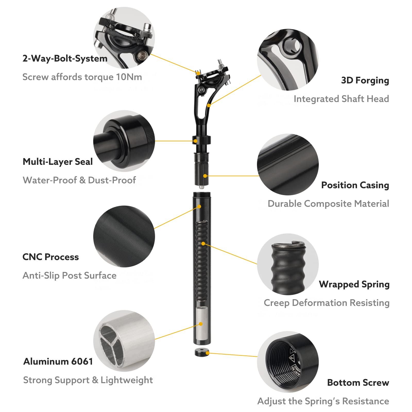 BONMIXC BONMIXC Suspension Seatpost 27.2 400mm Layback, 300lb Support for Larger & Tall Riders, Reduce Wind Drag, Anti-Slip Shock Absorbing Alloy Bike Seat Post, Adjustable Two-Way-Bolt Clamp