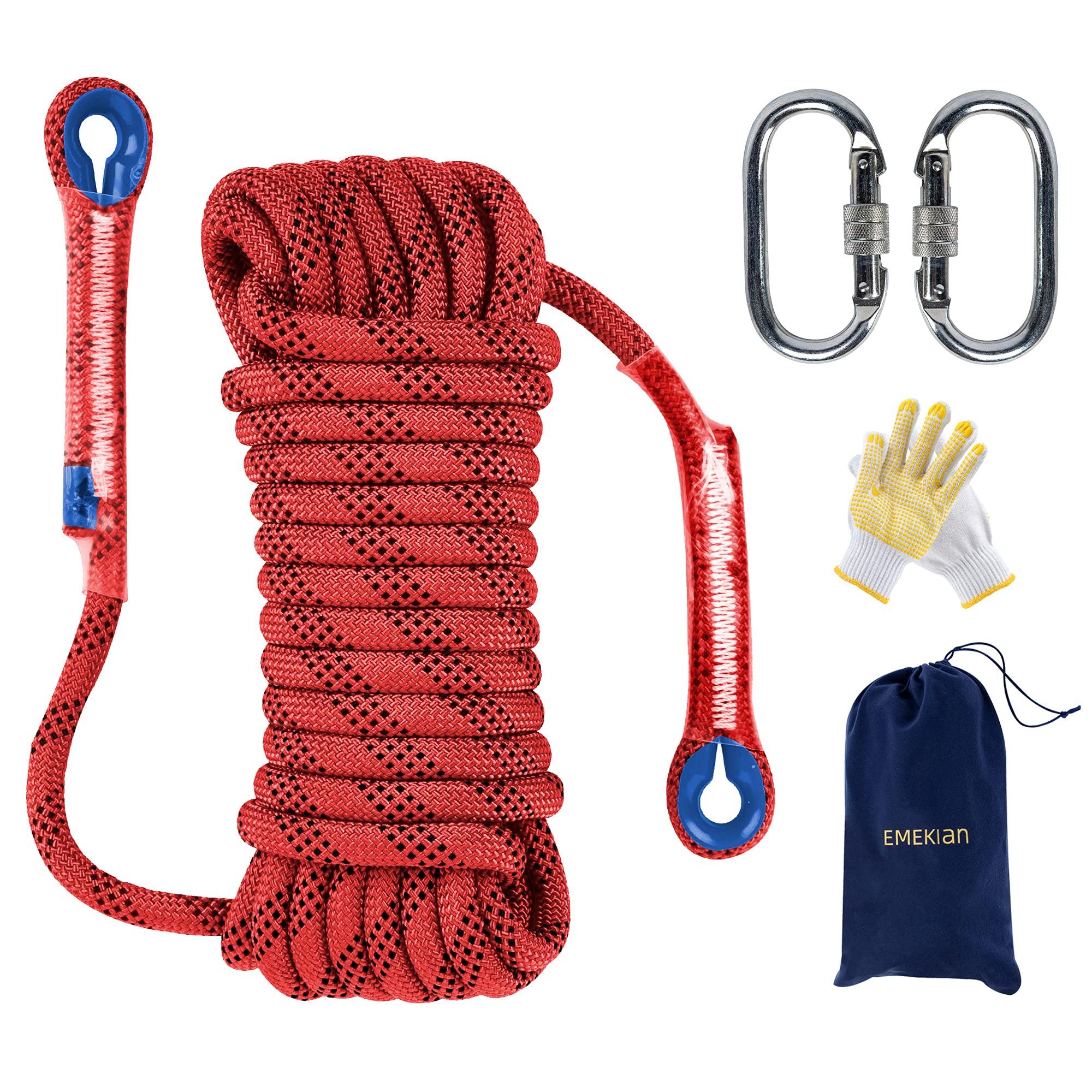 EMEKIAN EMEKIAN 12 mm Red Indoor Outdoor Climbing Rope, 15 M (49 ft) Static Rock Climbing Rope for Escape Rope, Ice Climbing Equipment, Fire Safety Rescue Rope, with Non Slip Gloves