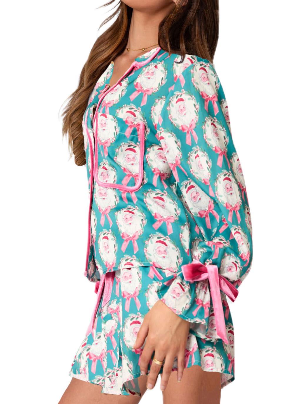Yiulangde Yiulangde Women Christmas Santa Pajamas Silk Satin 2 Piece Bow Tie Xmas Pjs Long Sleeve Button Shirt Lounge Boxer Shorts Sets