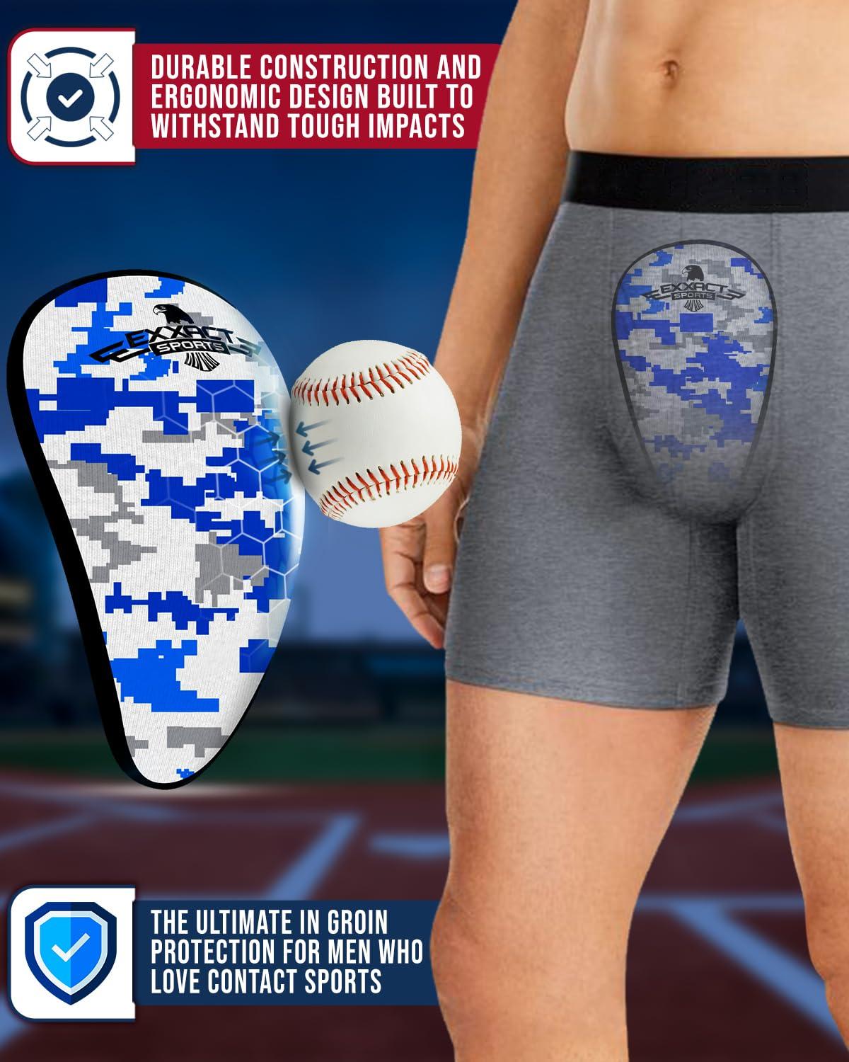 Exxact Sports Exxact Sports Lightweight Athletic Cup Mens & Boys with Soft Rim Comfort for Superior Support, Baseball Cup Youth Boys for T-ball, Football, Lacrosse, Hockey Groin Protector (X-Large, White/Blue Camo)