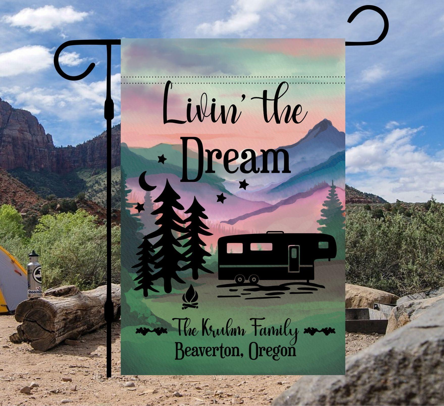 Krista Custom Creations Personalized camper Garden Flag for Campsite, Custom outdoor camping decoration sign, unique yard decor for RV travel trailer, Motorhome, tent, camping enthusiasts (Solid fifth wheel camper)