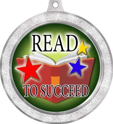 Crown Awards Reading Medal, 2 1/2\" Silver Glitter Read to Succeed Medals, Great Kids Reading Awards 50 Pack
