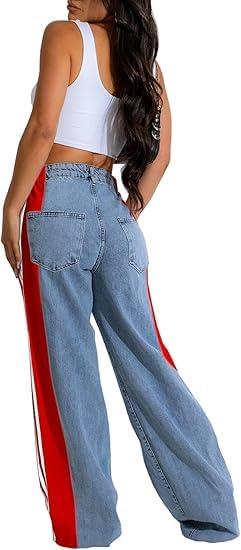 YCHUNHUI YCHUNHUI Women's High Waisted Two Tone Jeans Block Floor Length Wide Leg Denim Pants Patchwork Stripes Jeans Trousers (Blue and Red,Small)