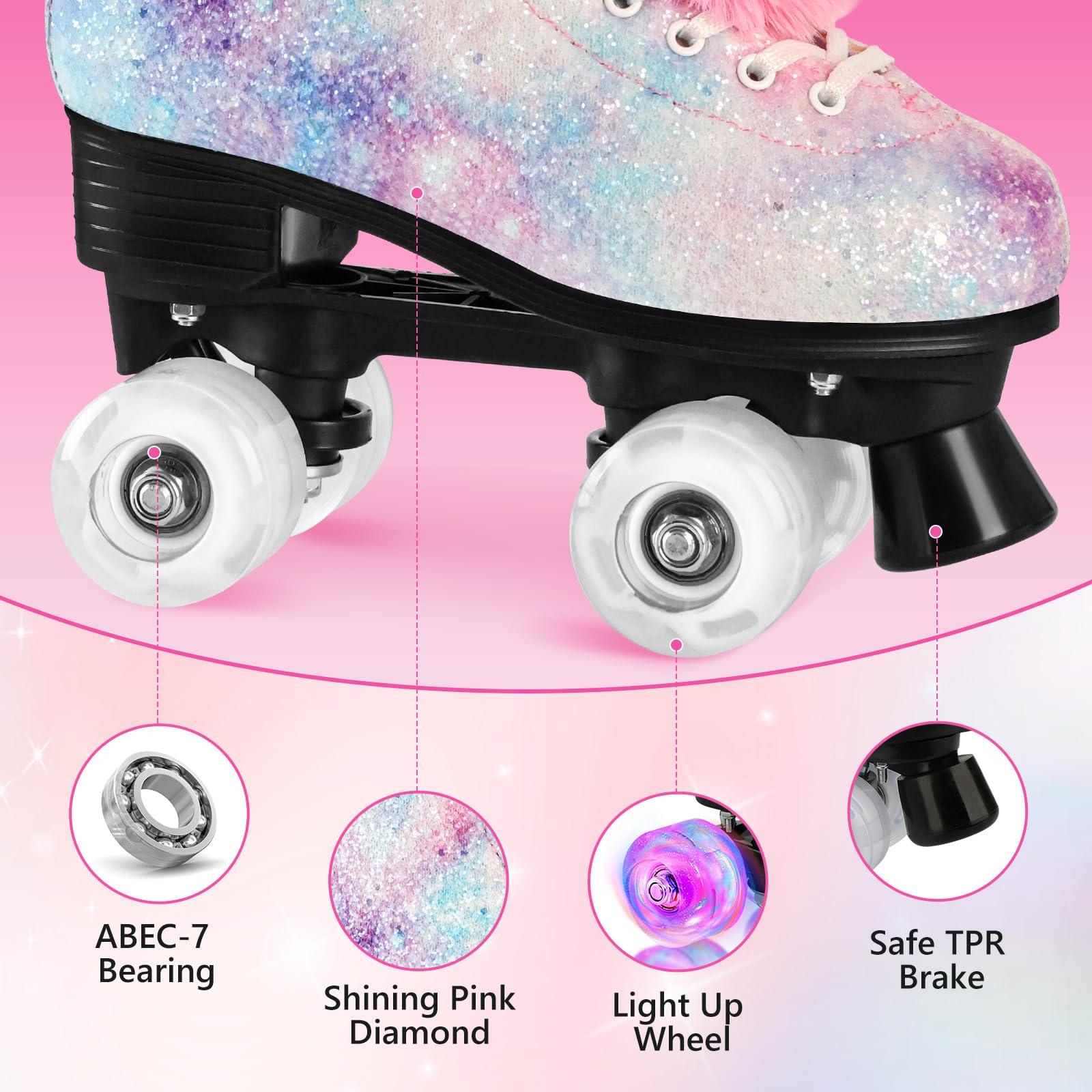 LEVYTEMP LEVYTEMP Roller Skates for Women, Men Light-Up Wheels Double-Row Rollerskates High-Top PU Leather Classic Designs Glitter Skate Shoes for Girls Beginners with a Shoes Bag Size 5 Indoor Outdoor