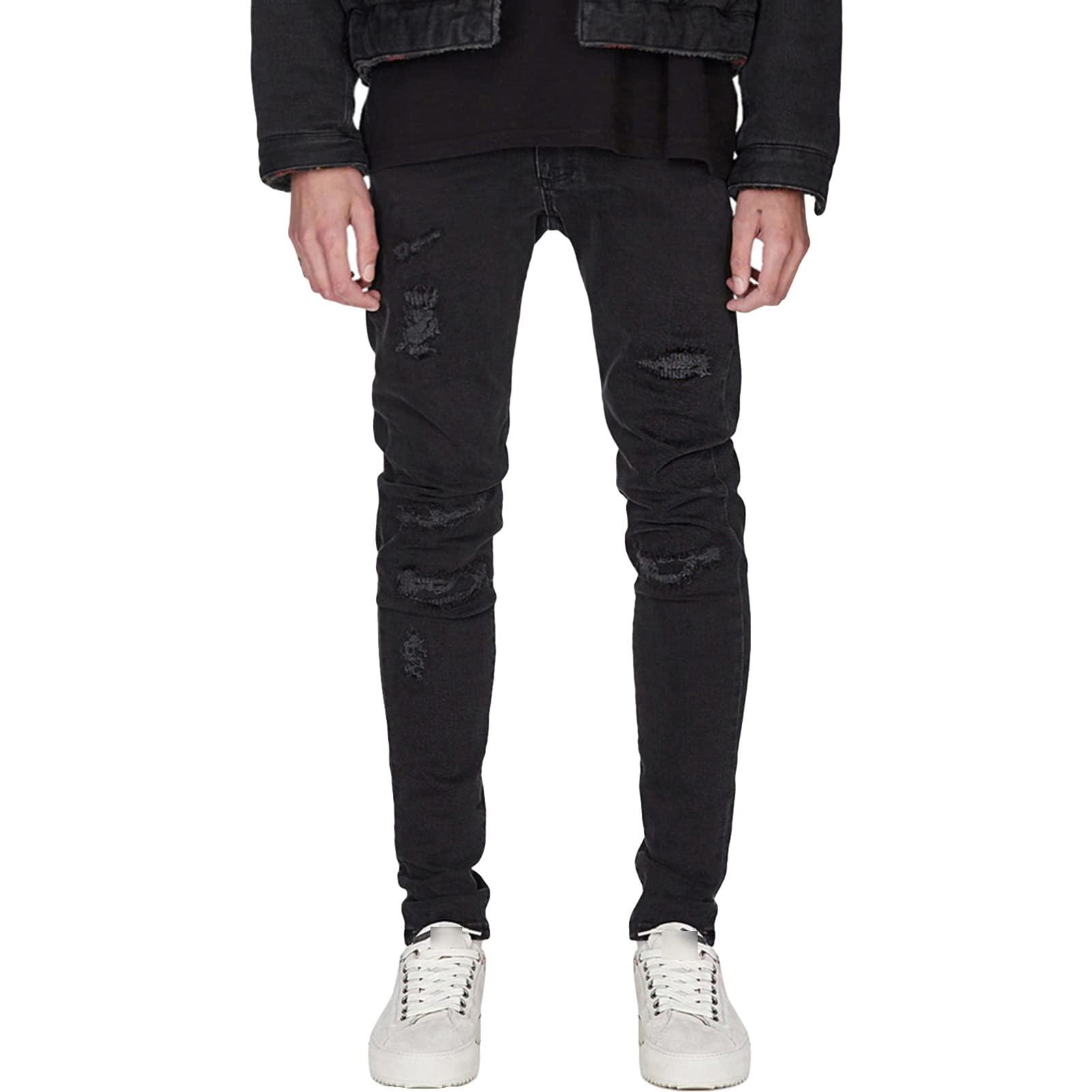 JEsilunmaMY JEsilunmaMY Mens Ripped Denim Pants Mid Waist Slim Fit Stretch Skinny Pencil Jeans Distressed Destroyed Casual Jean Trousers (Black,28)