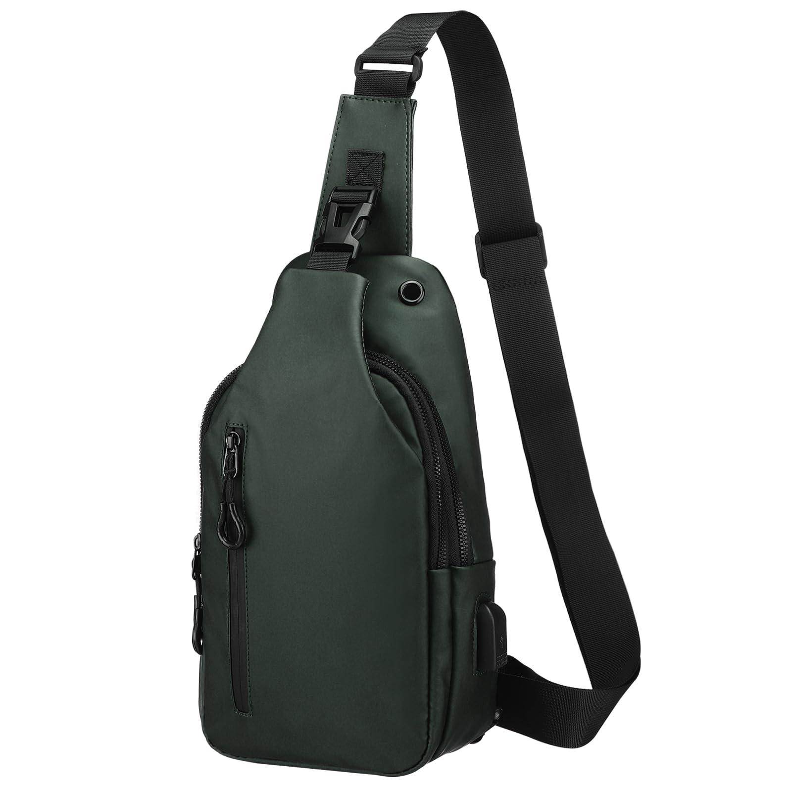 DTGN DTGN PU Sling Bag Crossbody Backpack - 6.69"x11.81" (LXH) Good for Women Men Hiking Travel - Multipurpose Casual Packs Shoulder Bags with Headphone Jack - USB Charge Port - Green