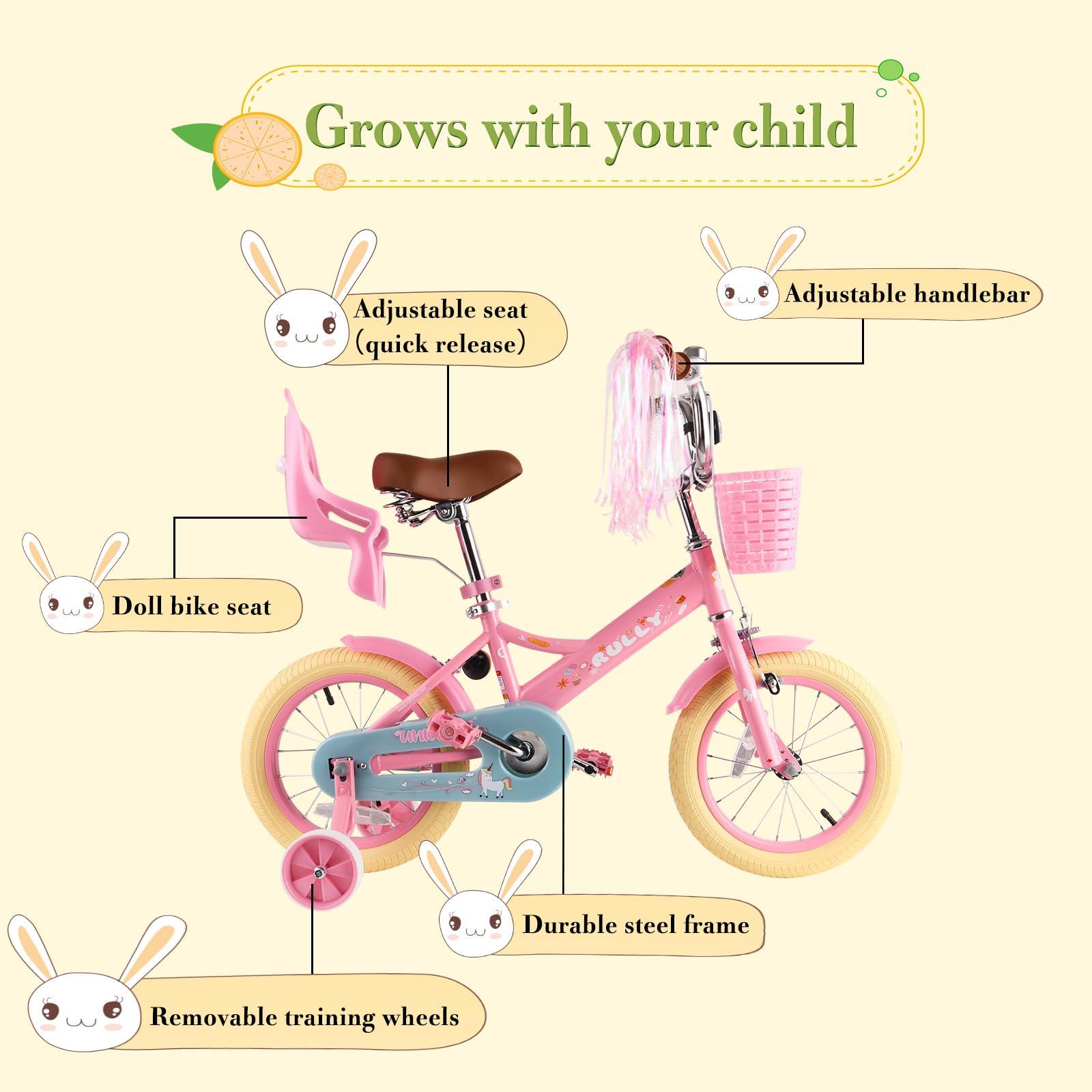 RULLY RULLY 12 Inch Kids Bike for 2 3 4 Years Girls with Training Wheels & Front Handbrake, Kids Bicycle with Basket Bike Streamers Toddler Cycle Bikes, Pink