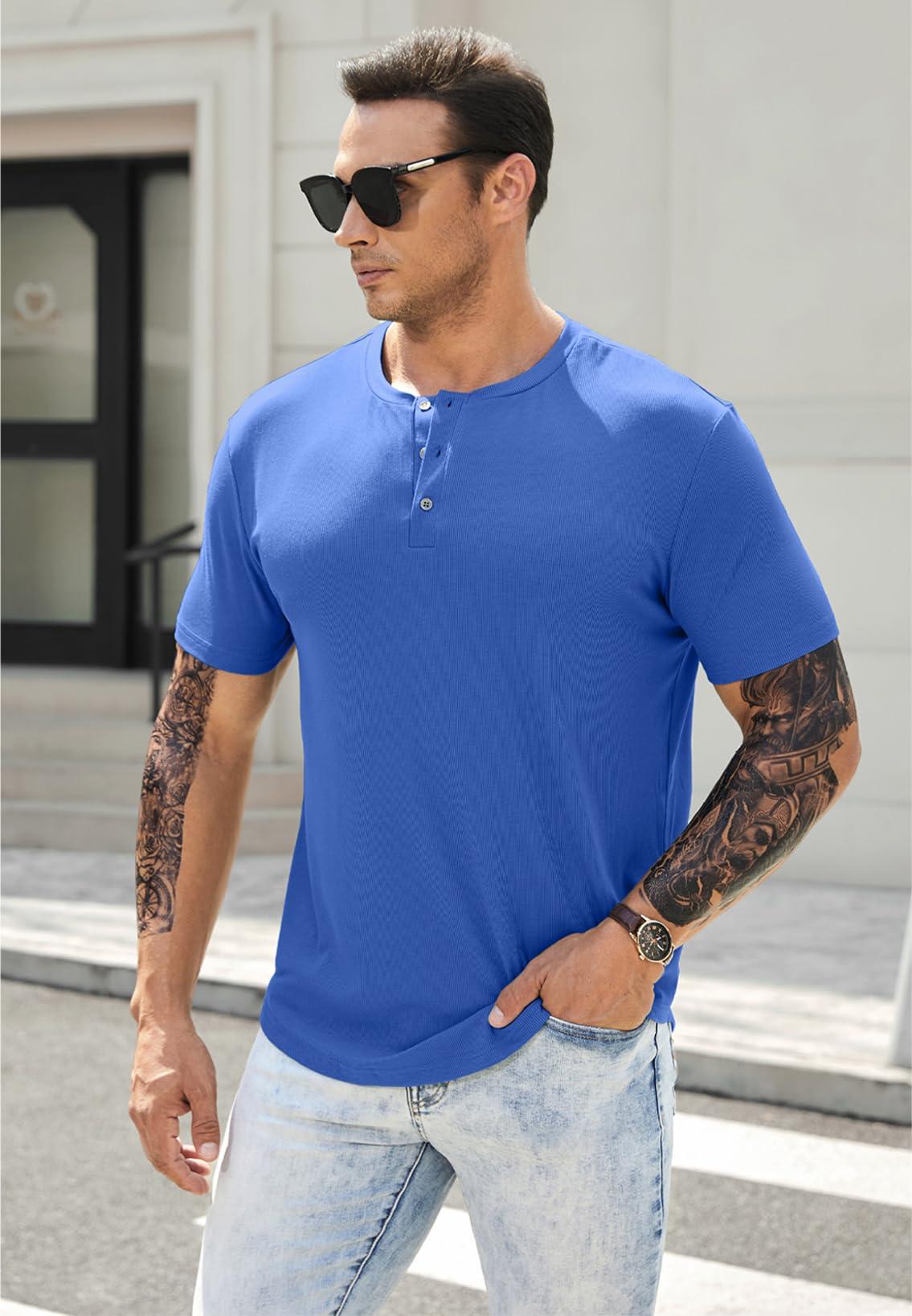 JMIERR JMIERR Mens Muscle Slim Fit Button Henley Shirts Summer Crewneck Short Sleeve Longline Fitted T-Shirt Gym Workout Athletic Tee Shirt for Men, XL, Blue2