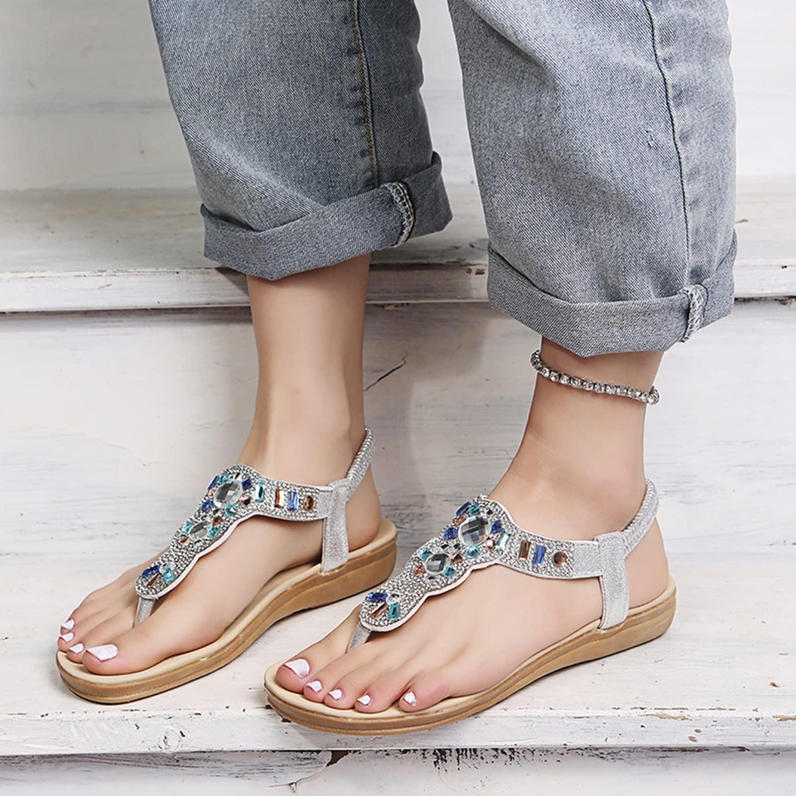 ZBYY ZBYY Women's Flat Sandals,Summer T Strap Flip Flops Sandal with Rhinestone Beaded Bohemian Dress Gladiator Sandal Shoes