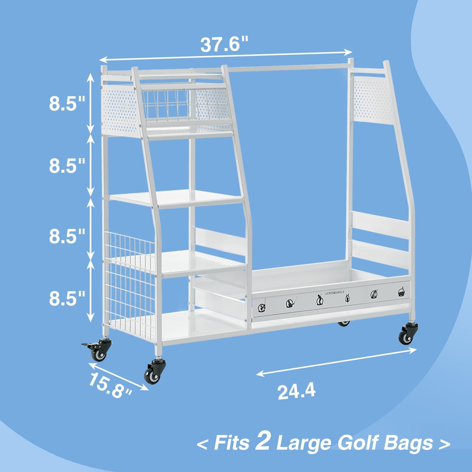 Lauren Harold Lauren&Harold Golf Bag Organizer - Fits 2 Bags, Clubs & Accessories - Garage, Shed, Basement Storage, White