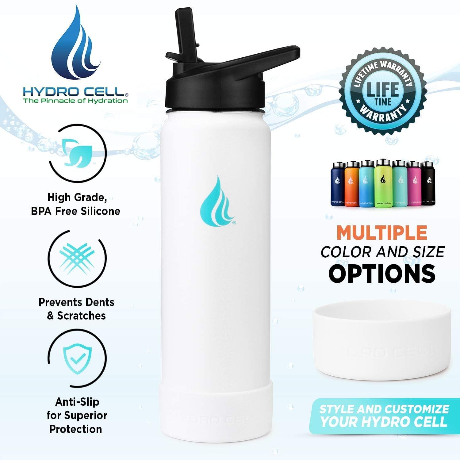 HYDRO CELL HYDRO CELL Stainless Steel Water Bottle w/Straw & Wide Mouth Lids (White 24oz with White Protective Silicone Bottom Boot, Teal/White Paracord Handle and White Sports Cap w/Straw)