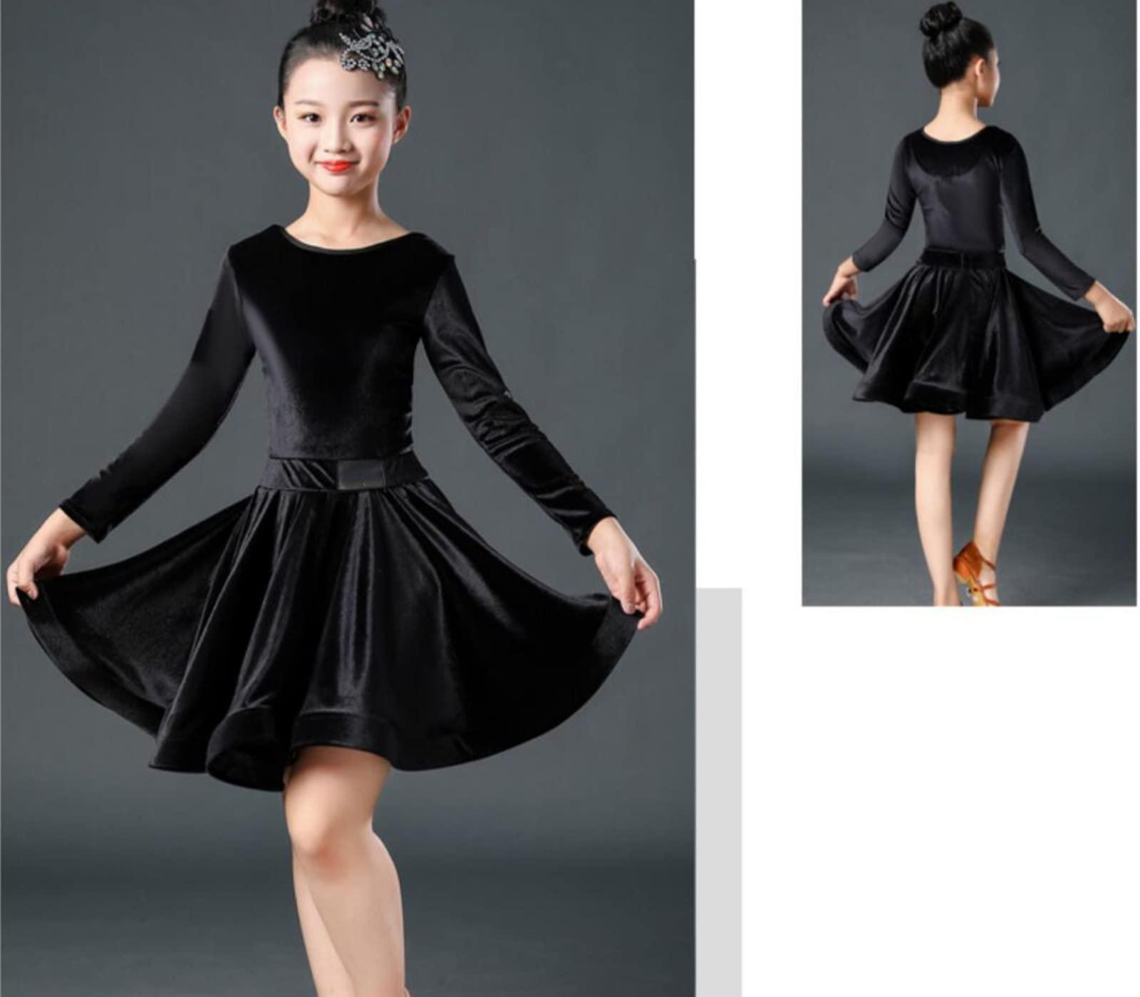 OTMYIGO OTMYIGO Girl Latin Dance Dress Tango Salsa Dancewear Dress Ballroom Competition Party Stage Performance Practice Costumes,Black,3XS
