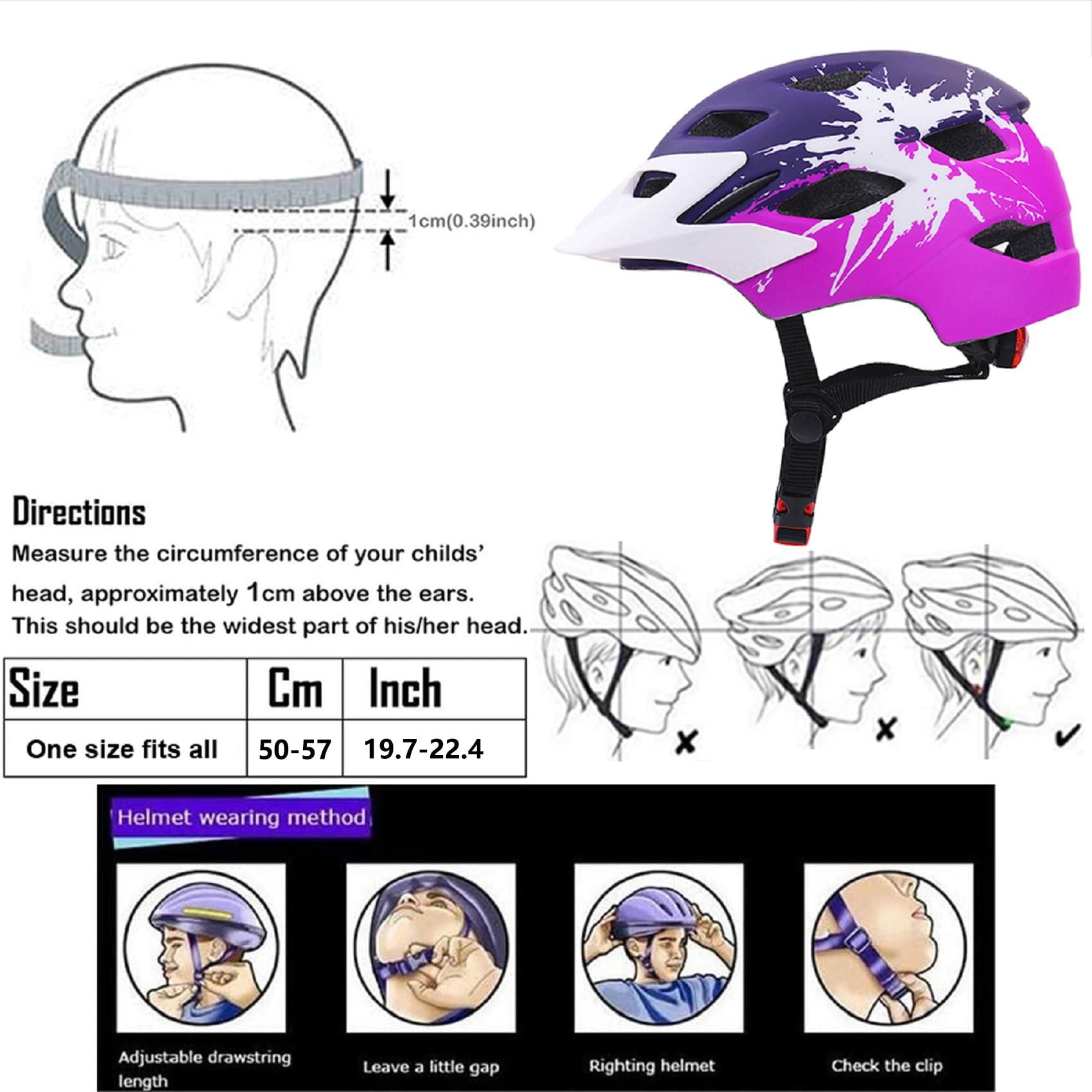 Bavilk Kids Bike Helmet,Bavilk Kids Boys Girls Bike Helmets with LED Light Detachable Visor Children Youth Teen Multi-Sport for Skating Cycling Scooter Skateboard Adjustable & Lightweight 19.7"-22.4"
