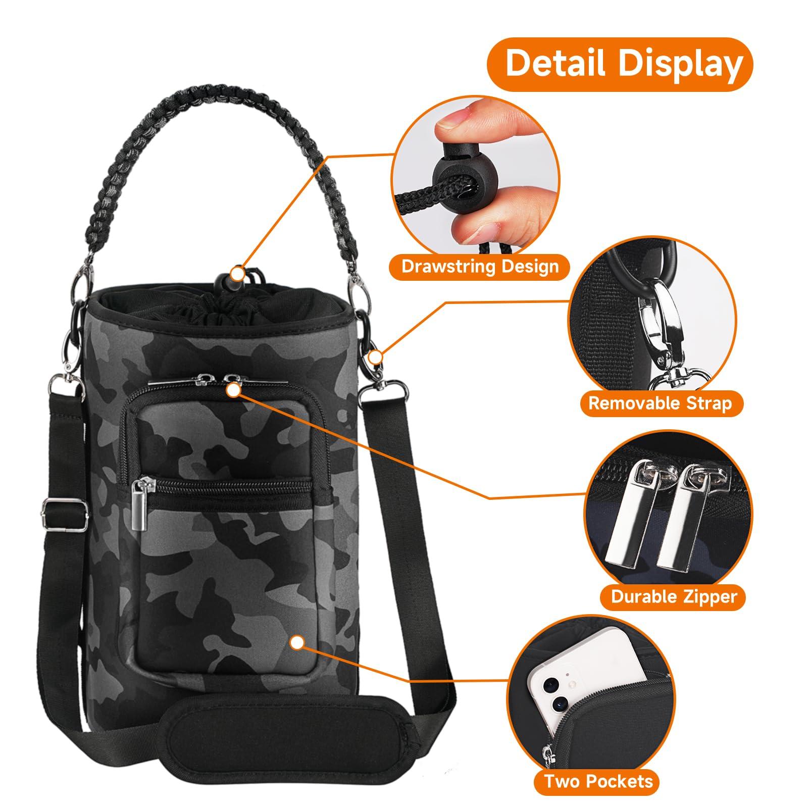 AceTreker AceTreker 64 oz /87 oz/128 oz Neoprene Insulated Water Bottle Carrier Bag, Sling Bag Sleeve Pouch Holder with Adjustable Shoulder Strap & Paracord Handle and 2 Pocket for Traveling, Camping-Gray Camo