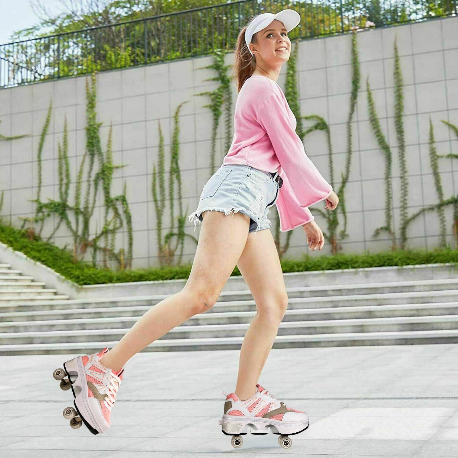 CHSSIH Roller Skate Shoes for Girls, Kids, Women & Adults Retractable Shoes with Wheels | Pop-Out High Roller Skating Shoes That Turn Into Sneaker Skates - Pink, 7