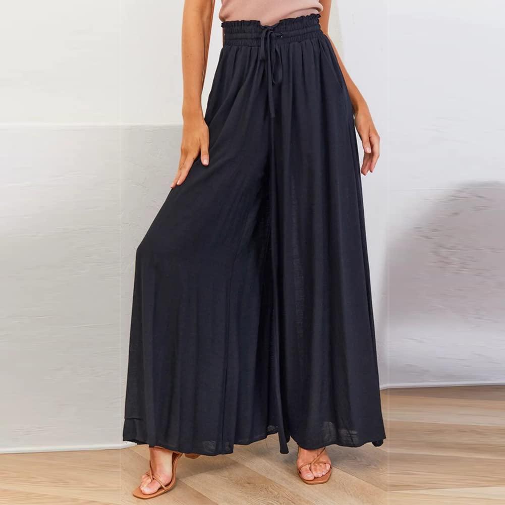 ODIZLI ODIZLI Flowy Beach Pants for Women Wide Leg Pants for Women Petite Length Palazzo Pants for Women High Waisted Beach Long Trousers Loose Fit Boho Pants Wrap Around Pants Gaucho Pants Black S