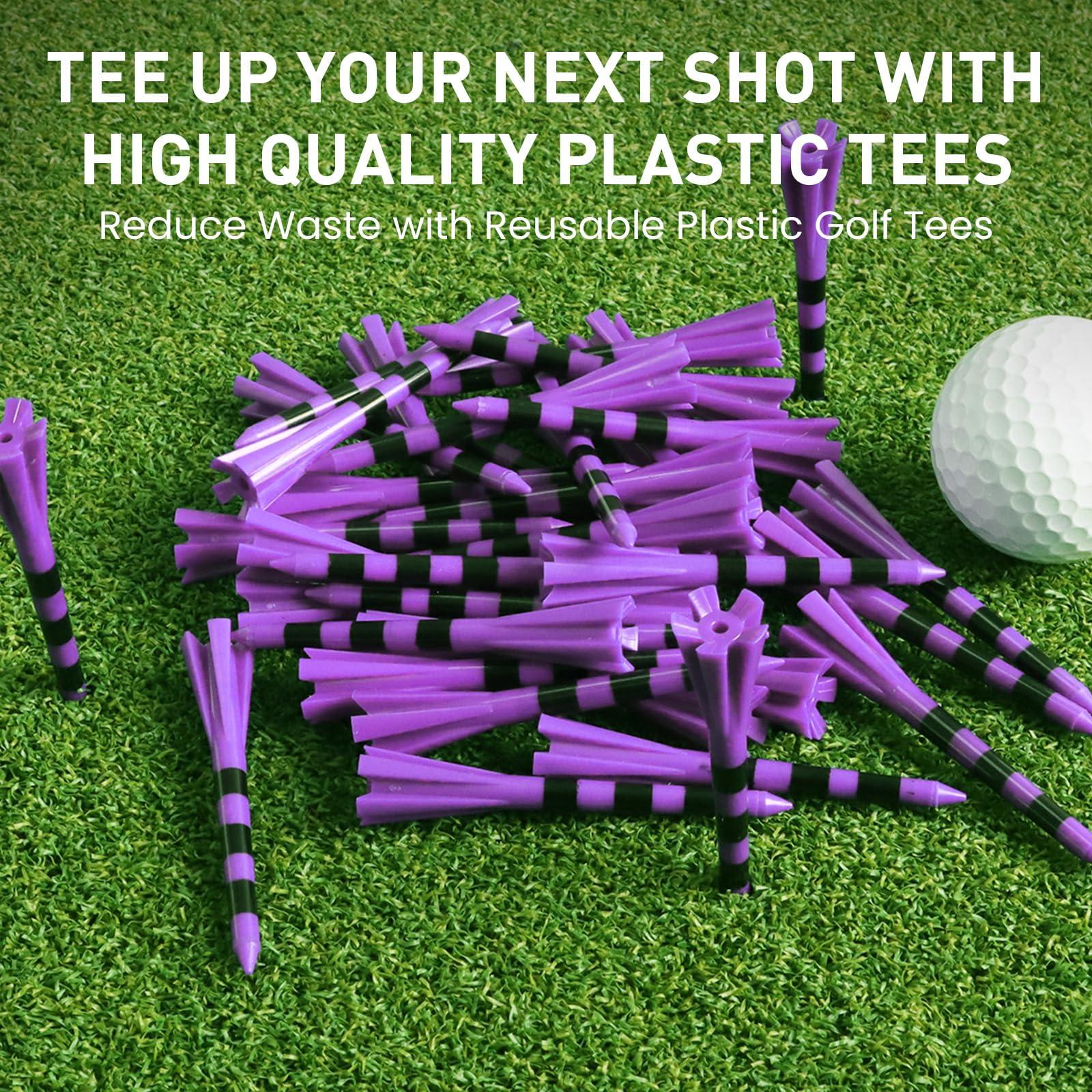 VEASAERS Golf Tees Plastic 3 1/4 2 3/4 inch Unbreakable 20 50 100 Pack, Bulk Long Stronger Upgrade More Durable Stable Reduce Friction Side Spin Tee Pink Pouple Gift for Men Women (20Pcs 3 1/4 inch, Purple)