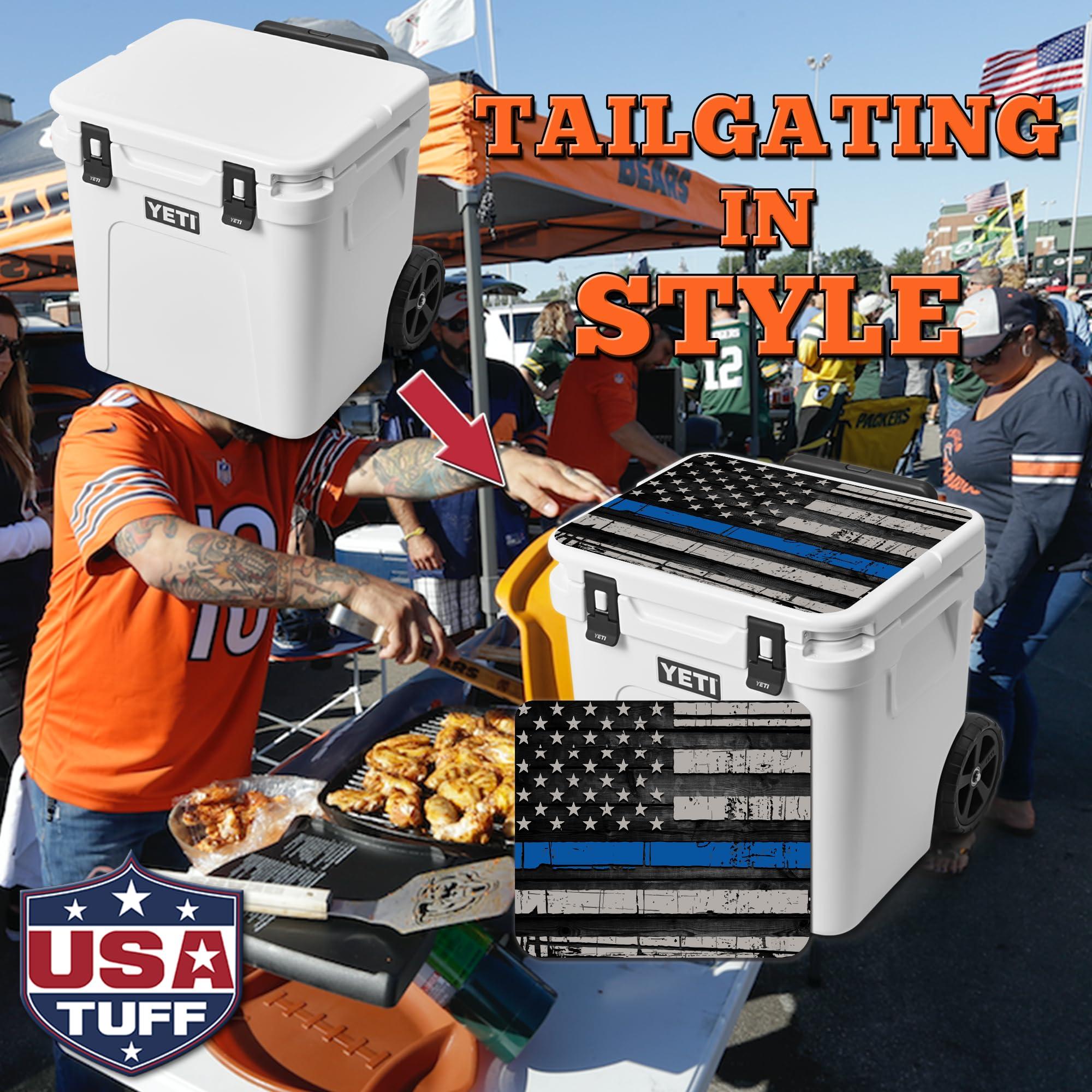 USATuff USATuff Vinyl Cooler Lid Kit Compatible with YETI 60 qt Roadie Wheeled | Easy Peel & Stick Application Cooler Skin Decal Wrap | Durable Pre-Cut Pieces | Made for Outdoor Use - Thin Blueline Flag