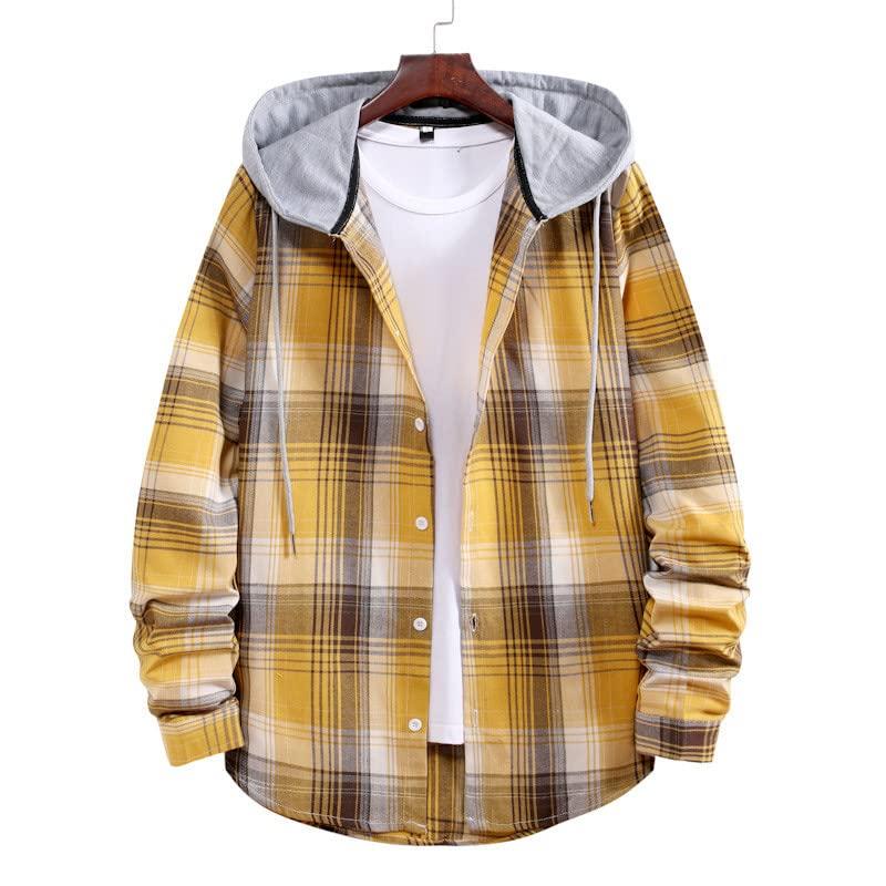 NineFit Basics Men Long Sleeve Quilted Lined Flannel Shirt Jacket with Hood Button-Down Flannel Plaid Shirt Hoodie Lightweight Jacket(Yellow,L)