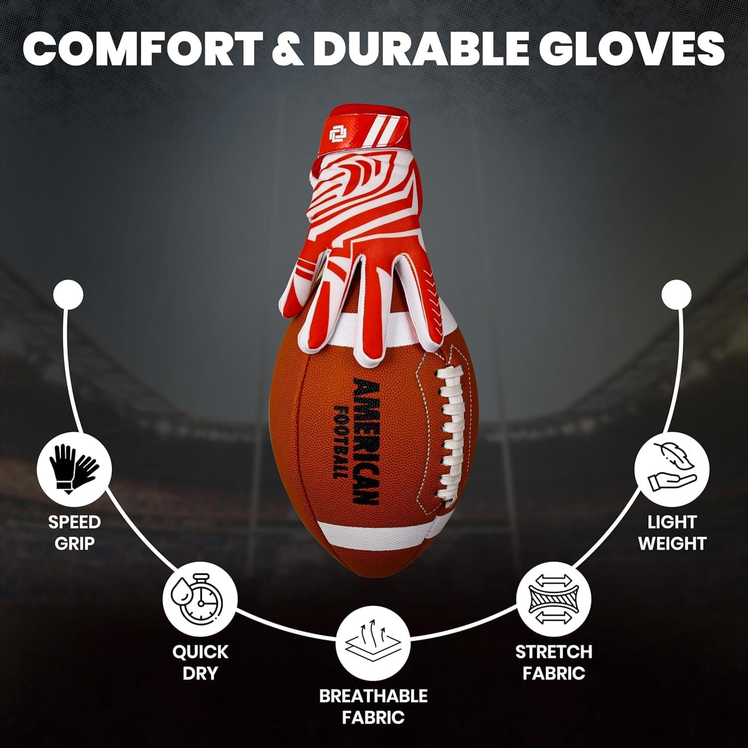 LYRX LYRX Professional Football Receiver Gloves with Optimal Silicone Palm Non-Slip Grip Control Ultra-Stick Sports Lightweight Glove and Precision Fit (Red, Adult M (7.2"))