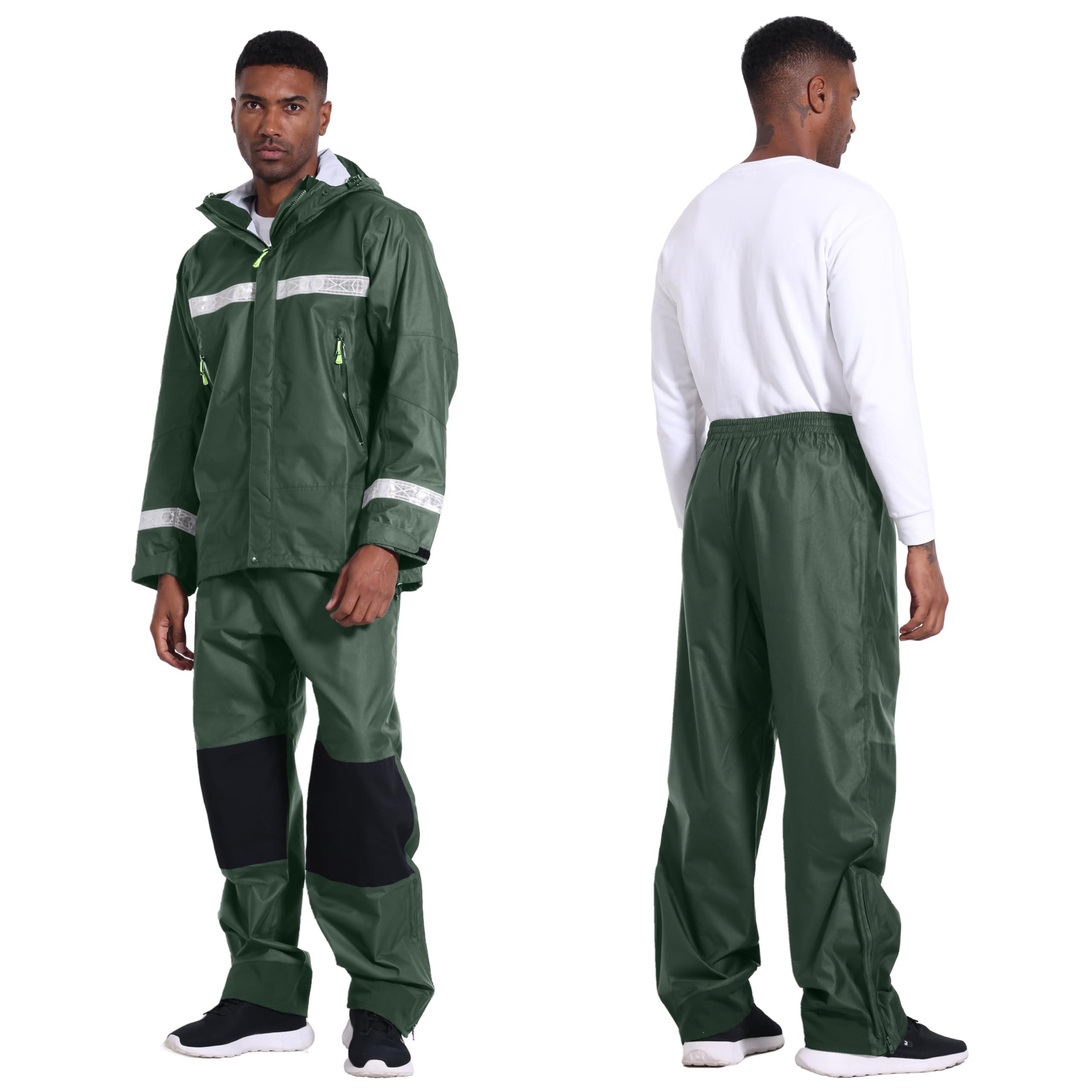 NAVIS MARINE NAVIS MARINE Rain Suit-Waterproof Jacket&Elastic Pants Combo,Lightweight Reflective Foul Weather Gear for Hiking and Fishing(Dark Green X-Large)