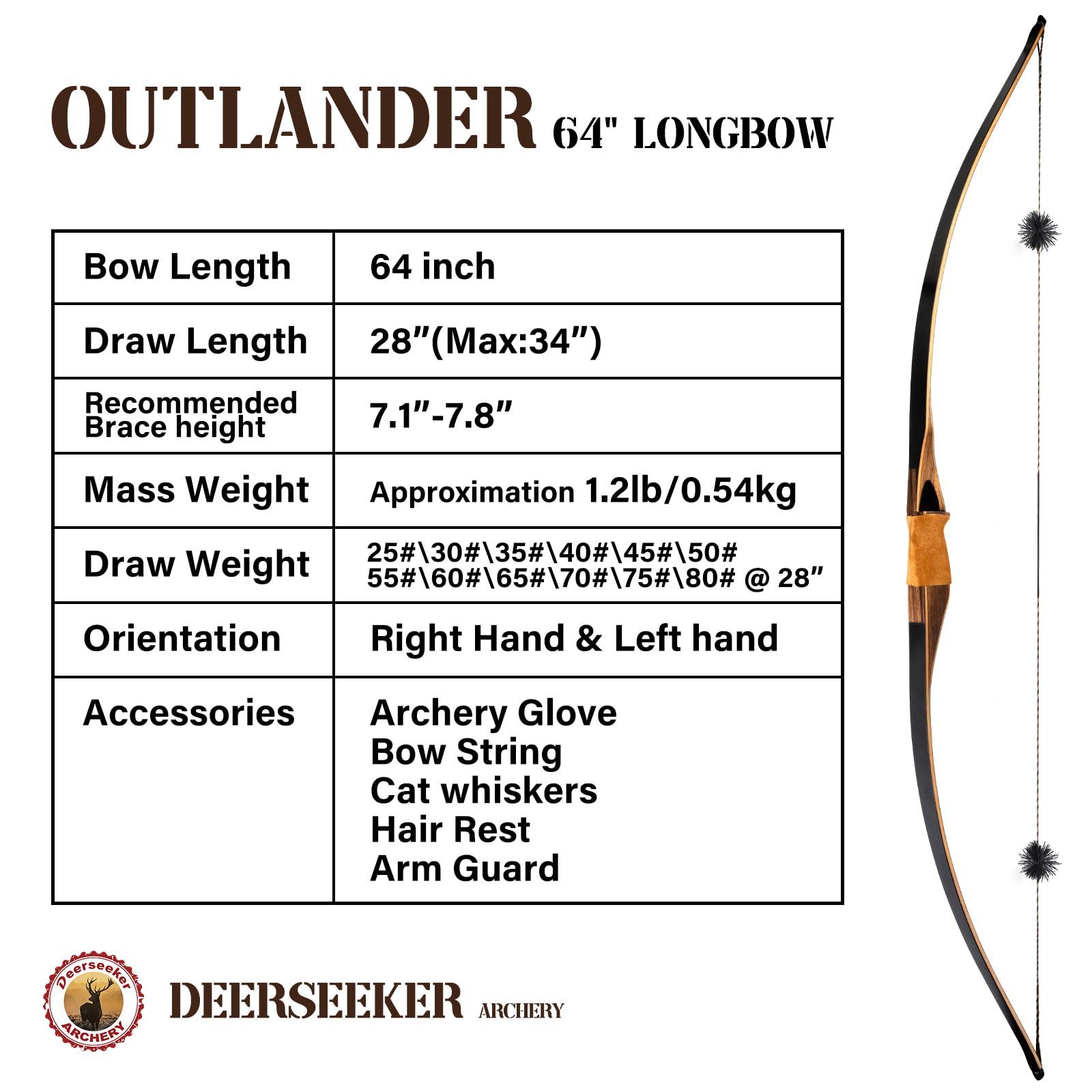 Deerseeker Outdoor Deerseeker Archery 64" Traditional Bow Set Hunting Longbow Reflex Deflex One-Piece Long Bow Laminated Bamboo Core Limbs Right Hand/Left Hand for Adults Bow Shooting 25-85lbs (Black, 70lb, Right Hand)