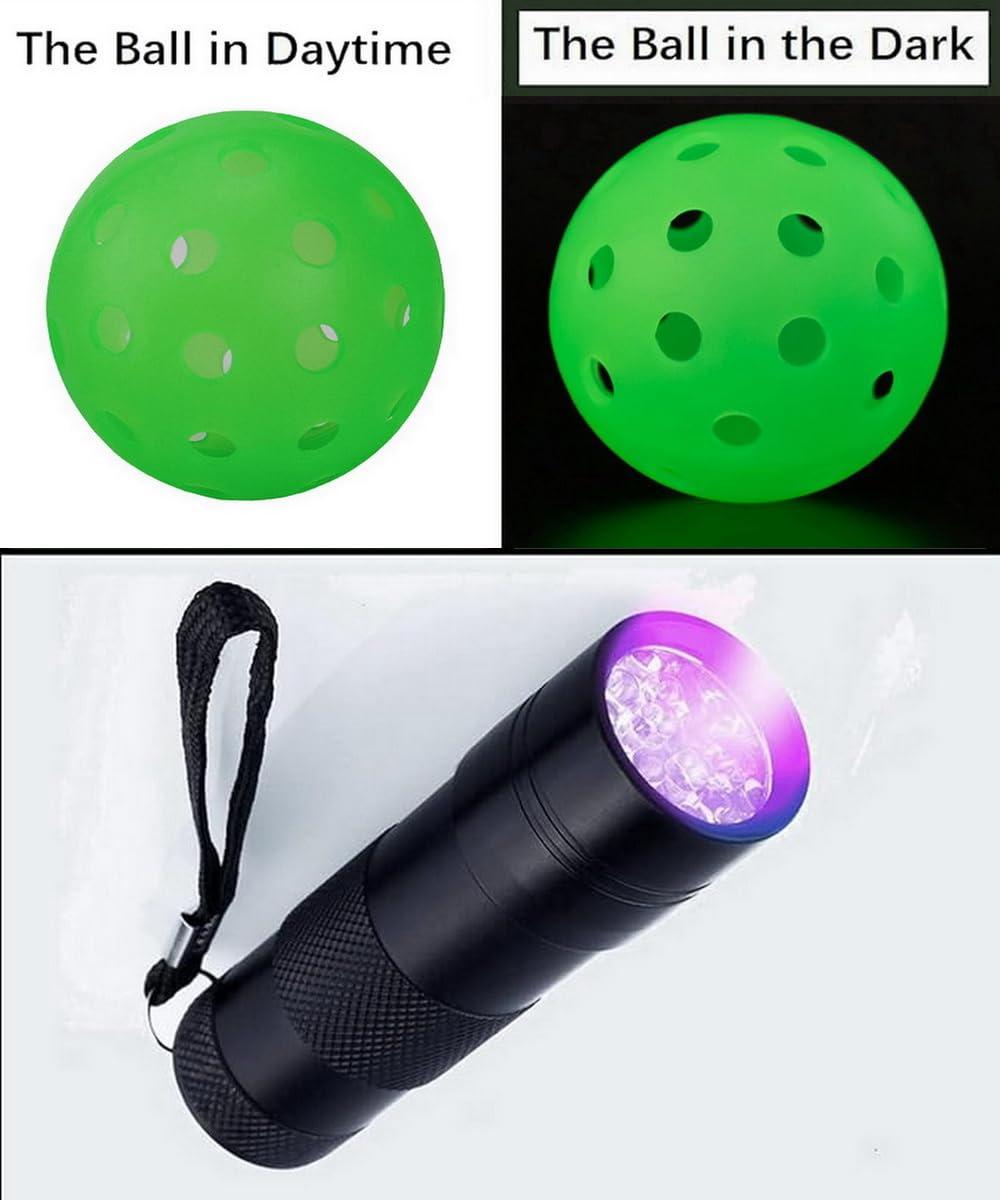 Aolowewin Aolowewin Glow in The Dark Pickleball Balls, 40-Holes USA Pickleballs (USAPA) Spec, Day and Nighttime Practice Pickle Balls, with UV Flashlight & Mesh Bag