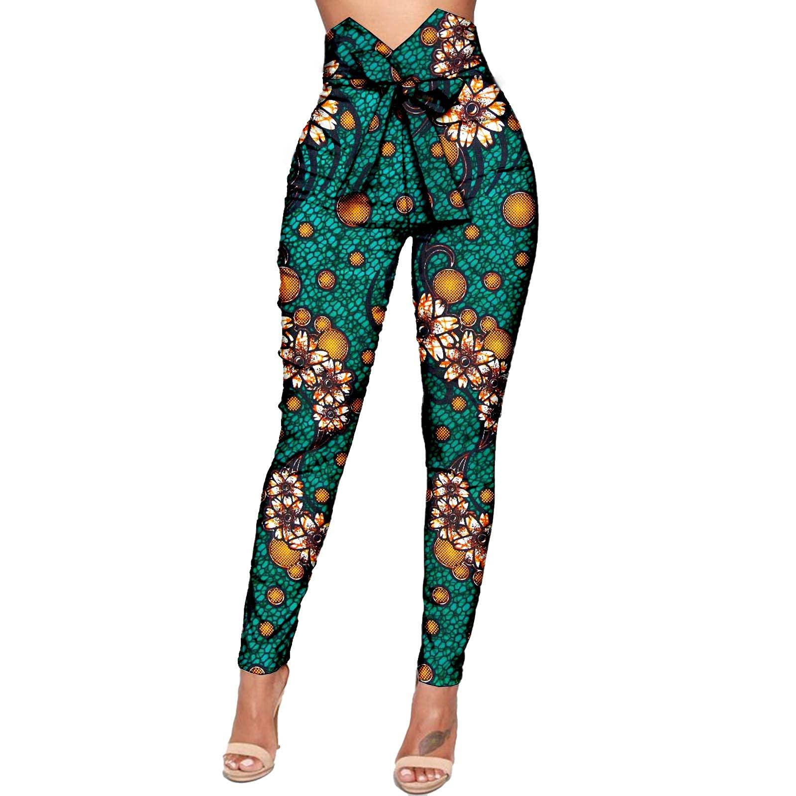 RealWax African Print Trousers Fashion Women Ankara High Waist Long Pants with Bowtie Dashiki Clothing Attire 703 XXS