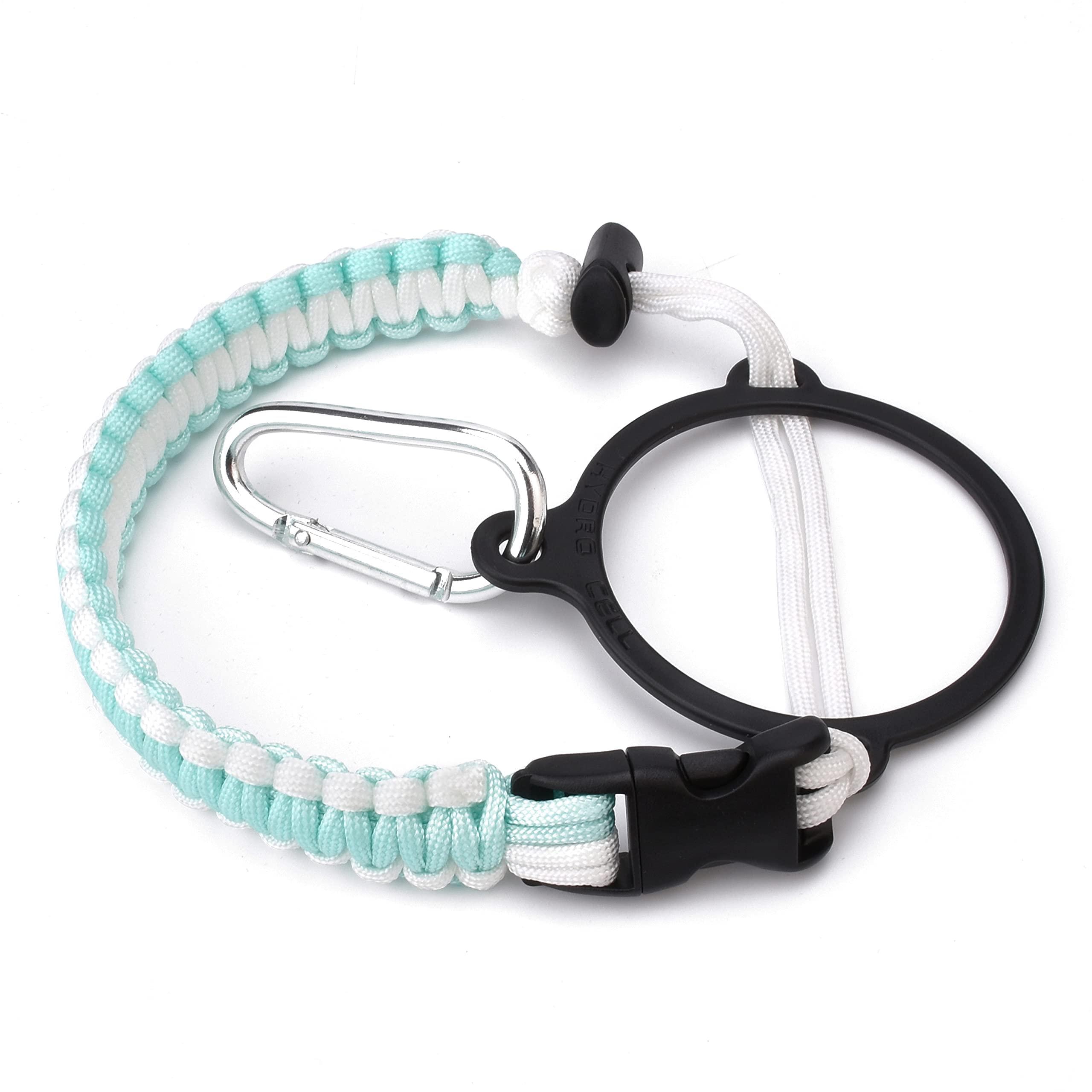 HYDRO CELL HYDRO CELL Stainless Steel Water Bottle w/Straw & Wide Mouth Lids (White 24oz with White Protective Silicone Bottom Boot, Teal/White Paracord Handle and White Sports Cap w/Straw)