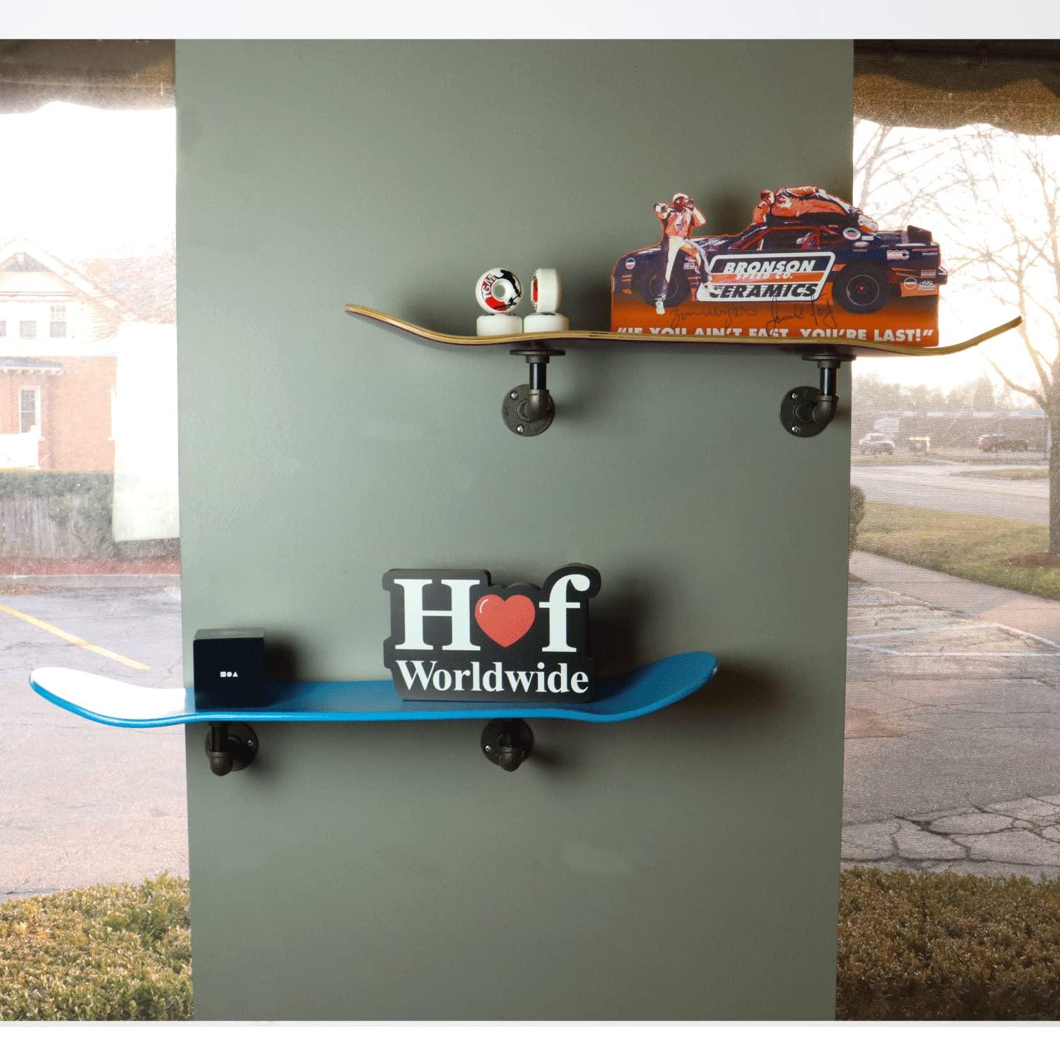 TGM Skateboards Floating Industrial Style Skateboard Deck Shelf with Pipe Mounting System Custom Made Indoor Skate Shelving - Maple Wall Mount - 7.75" Stained Green Bottom