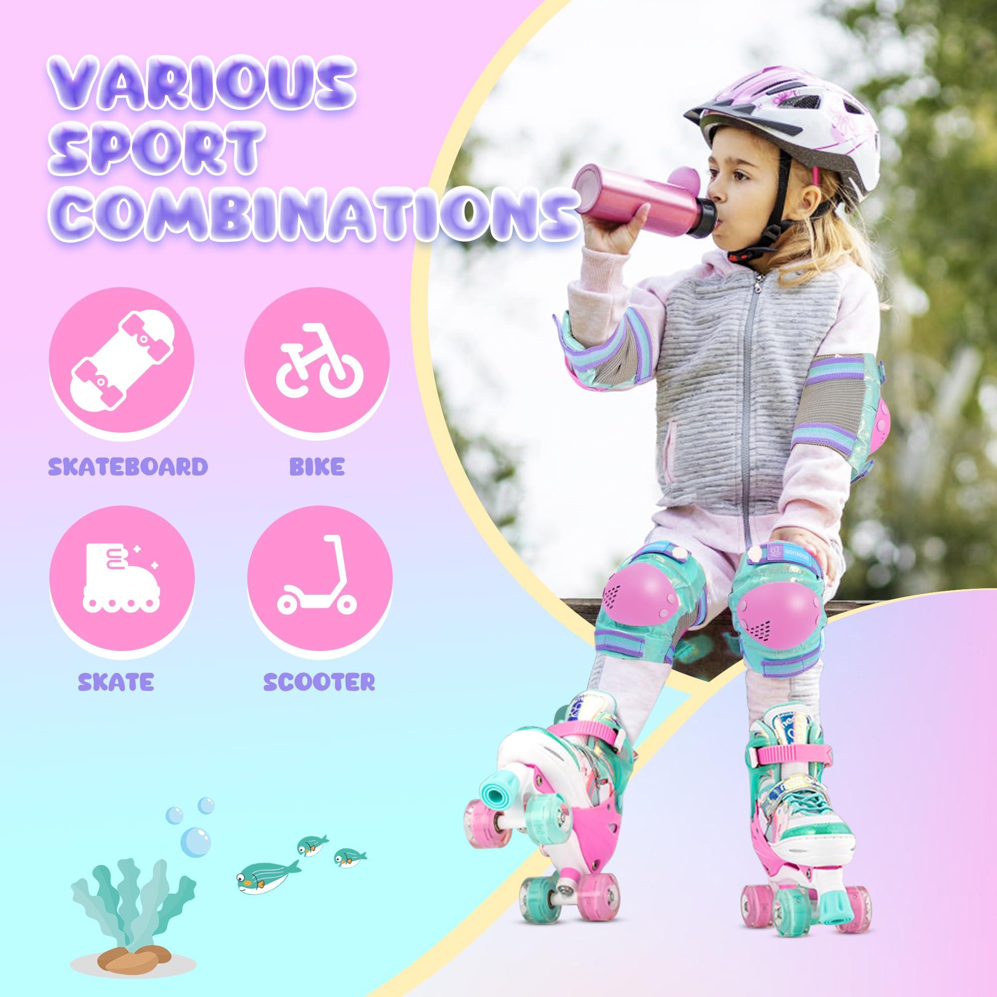 NEMONE NEMONE Mermaid Knee Pads for Kids, Girls Boys Knee Elbow Pads Wrist Guards with Drawstring Bag, Adjustable Reflective Protective Gear Set for Roller Skates Bike Cycling Skateboard Scooter