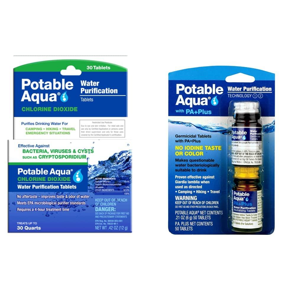 potable aqua Potable Aqua Chlorine Dioxide Water Purification Tablets - 30 Count & Water Purification Tablets with PA Plus - Two 50 Count Bottles