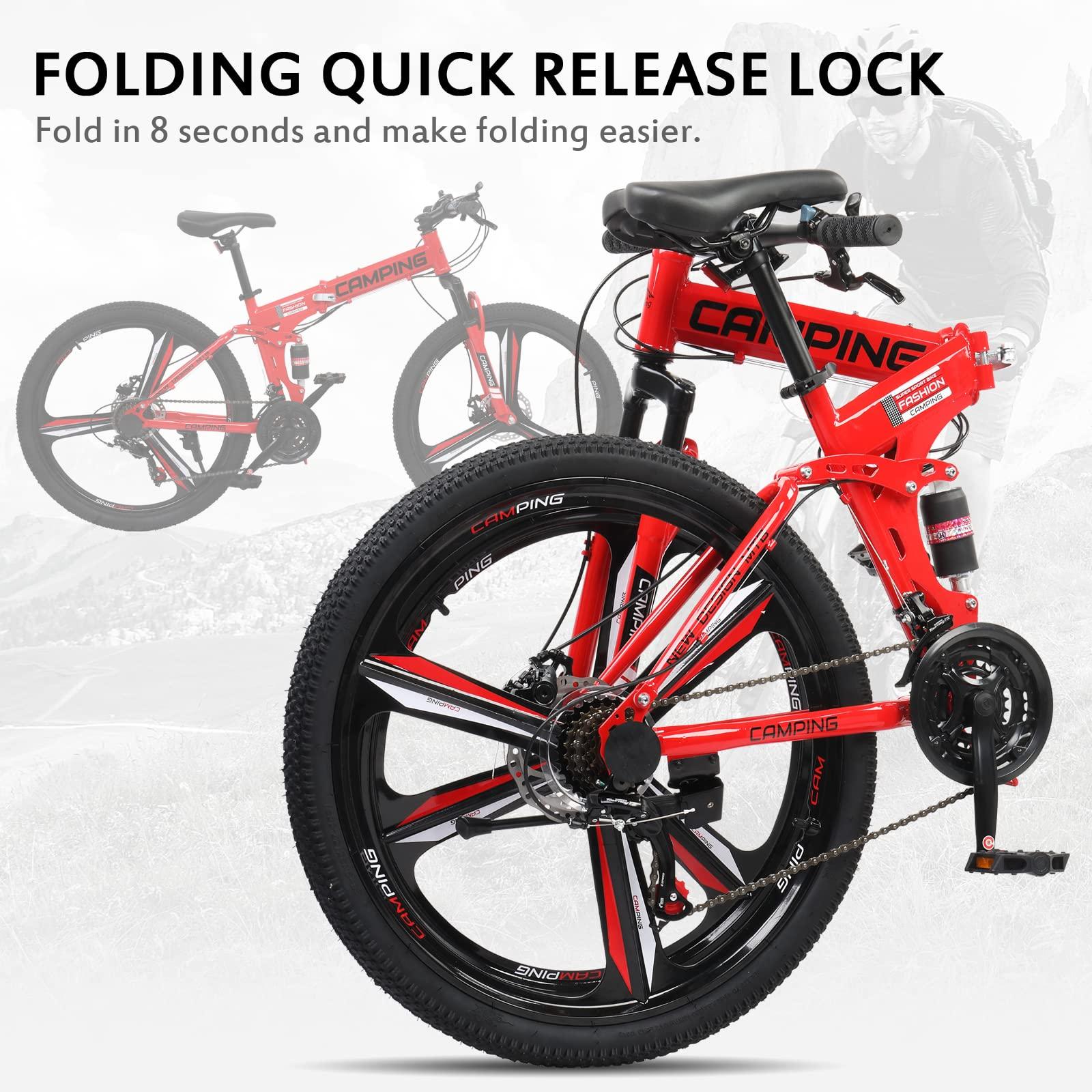 Ktaxon Ktaxon Foldable Mountain Bike 26 Inch Bike 21-Speed Bikes for Adults with Cool Design, Powerful Mechanical Dual Disc Brakes, Double Shock Effect and Ergonomic Cushion (Red)