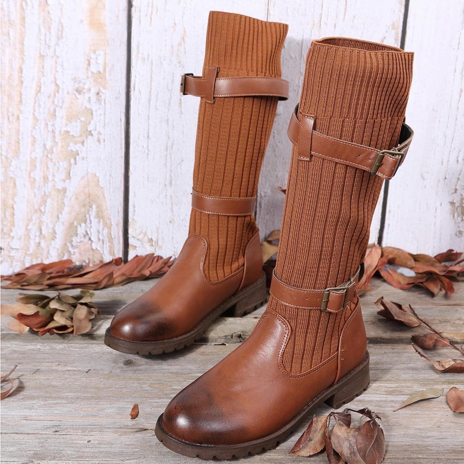 ZBYY ZBYY Women's Knee Boots Chunky Low Heels Thigh High Boots Long Stretch Fall Knitted Winter Dress Boots Fashion Mid Calf Booties