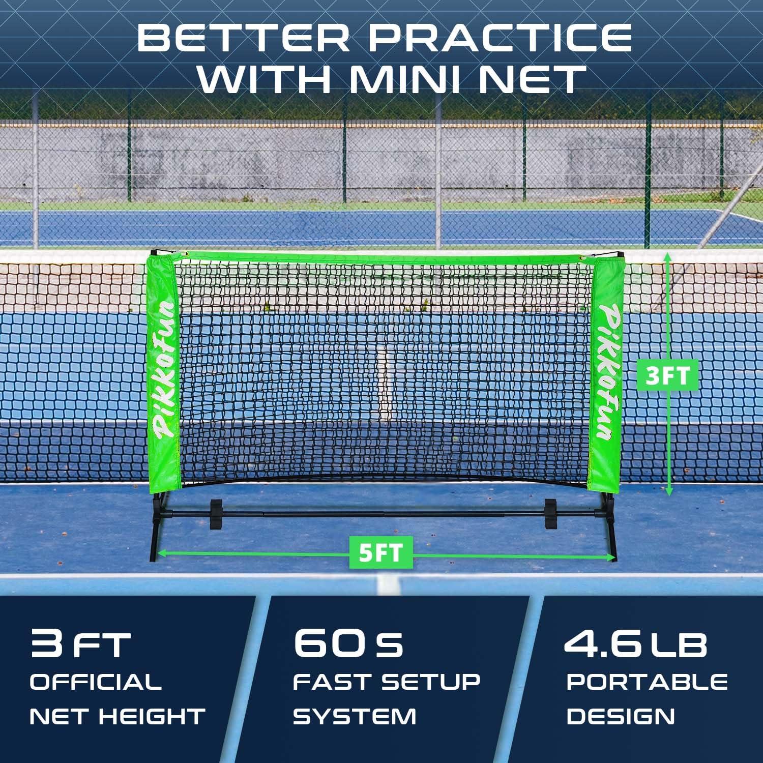 PIKKOFUN PIKKOFUN Small Mini Pickleball Net 5 ft - Portable Pickleball Dink Practice Net for Indoor and Outdoor, USAPA Regulation Height 3 ft., Quick Set Up Lightweight and Durable Design, Green Pickleball Net