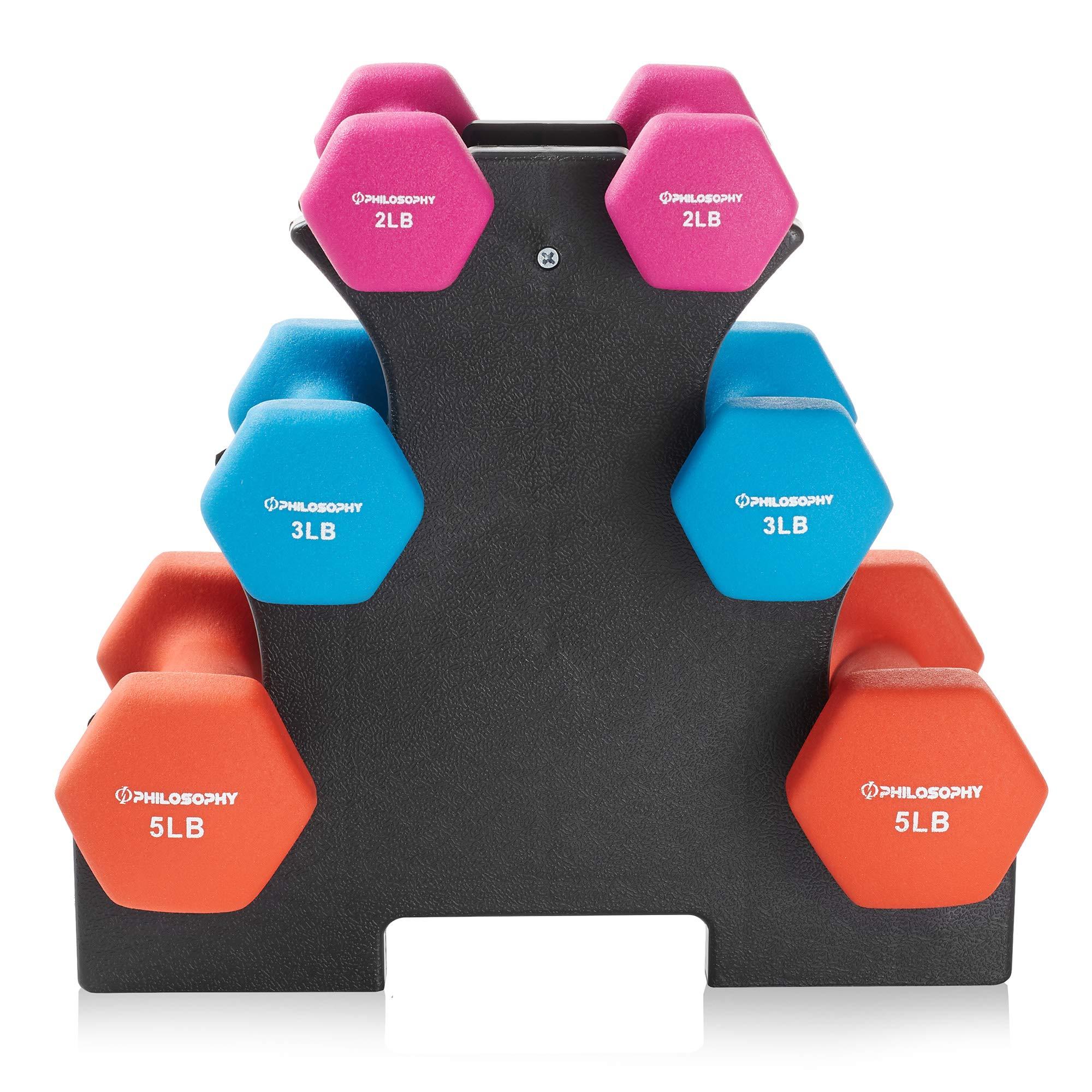 Philosophy Gym Philosophy Gym Neoprene Dumbbell Hand Weights with Stand, 20 lbs (2 lb, 3 lb, 5 lb Pairs)