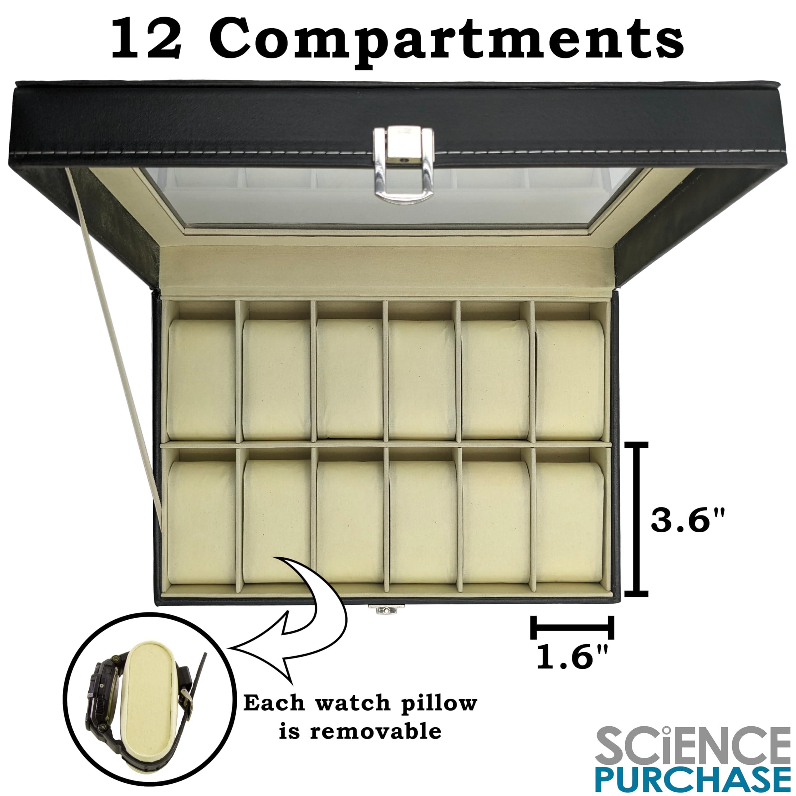 Science Purchase SciencePurchase Watch Box Large 12 Mens Black Leather Display Glass Top Jewelry Case Organizer
