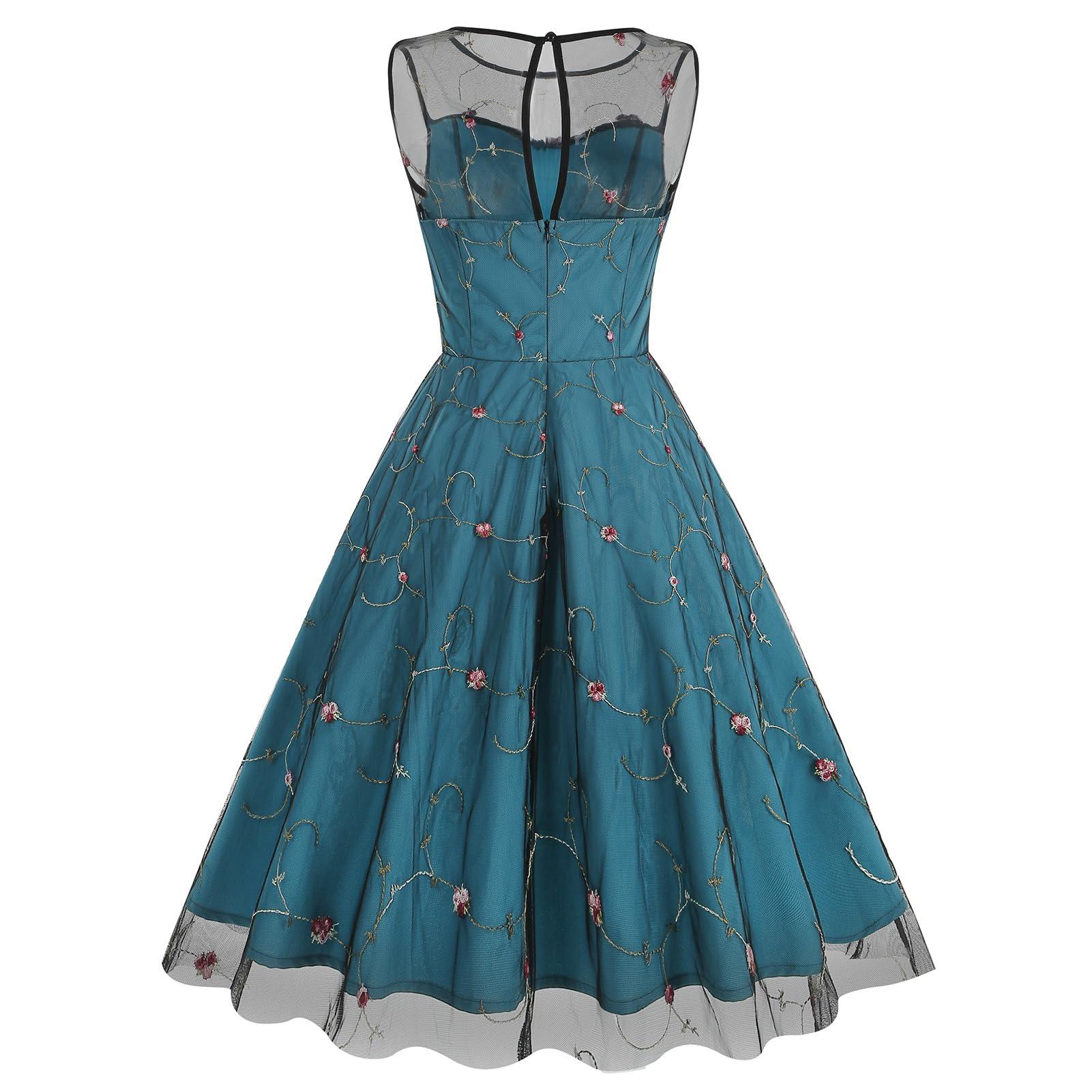 ODOLDI Women Keyhole Floral Embroidery Dress Sheer Mesh Floral Embroidered Dresses Sleeveless Flower Embroidery Tulle Dress for Women Vintage Cocktail Prom Dresses Peacock Blue Floral Small