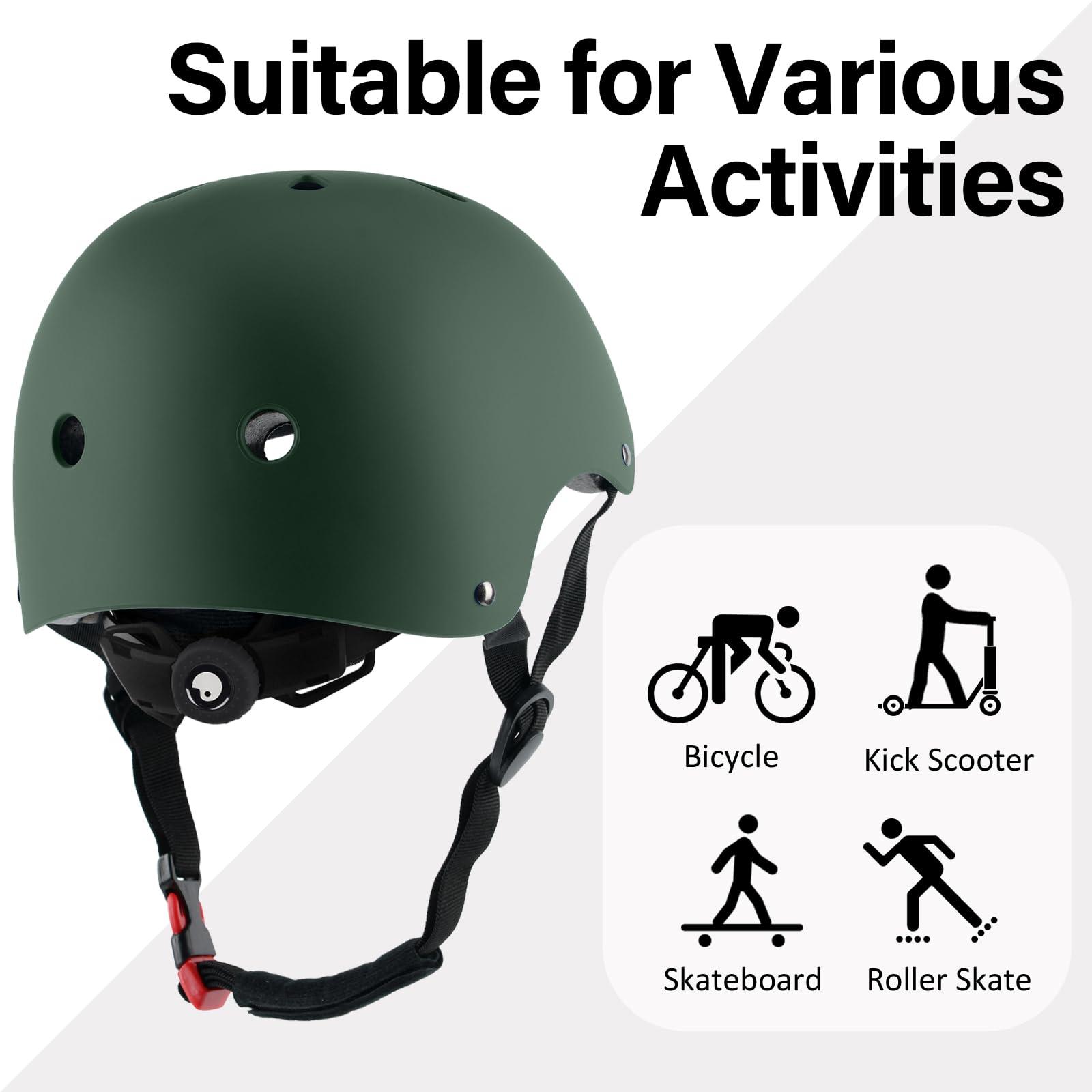 OUWOR OUWOR Kids Skateboard Bike Helmet for Boy and Girl, Lightweight Adjustable, Multi-Sport for Bicycle Skate Scooter (Blackish Green, Small)