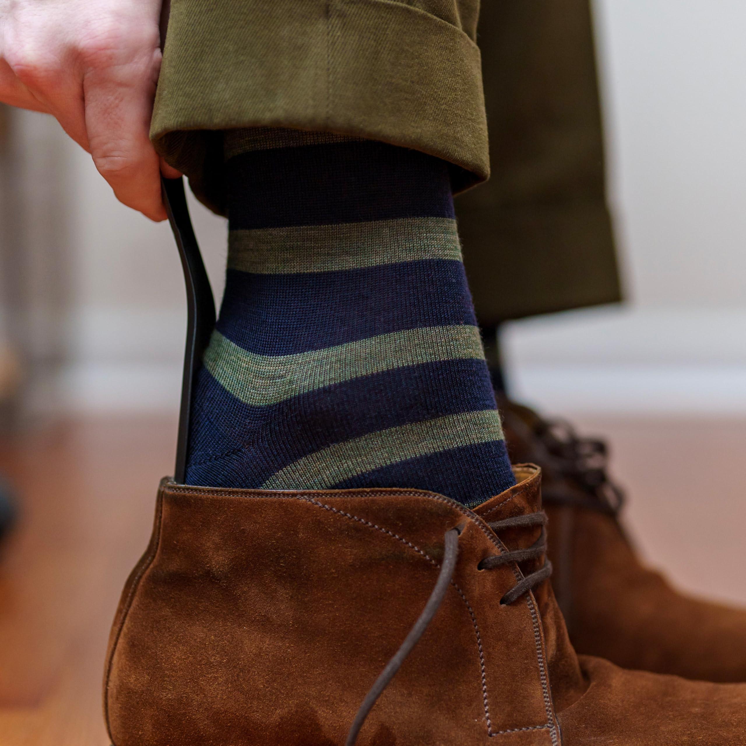 BoardroomSocks BoardroomSocks Merino Wool Mid-Calf Patterned Socks, Dress Socks for Men, Navy with Olive Stripes