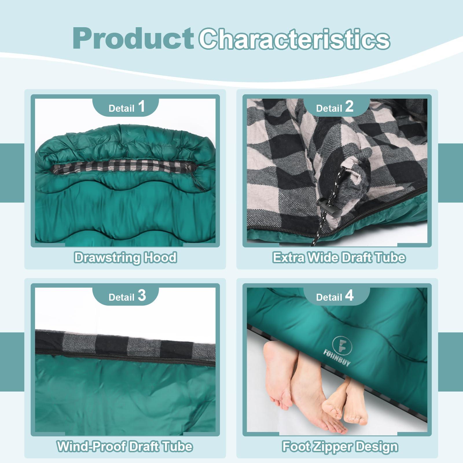 Forinbuy FORINBUY Winter Cotton Flannel Double Sleeping Bag,Queen Size Sleeping Bag for Adults, Cold Weather Waterproof 2 Person Sleeping Bag, Suitable for Couples Family Camping, RV Travel