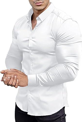 EOUOSS EOUOSS Mens Muscle Fit Dress Shirts Athletic Slim Fit Long Sleeve Stretch Wrinkle-Free Casual Button Down Shirt White Large