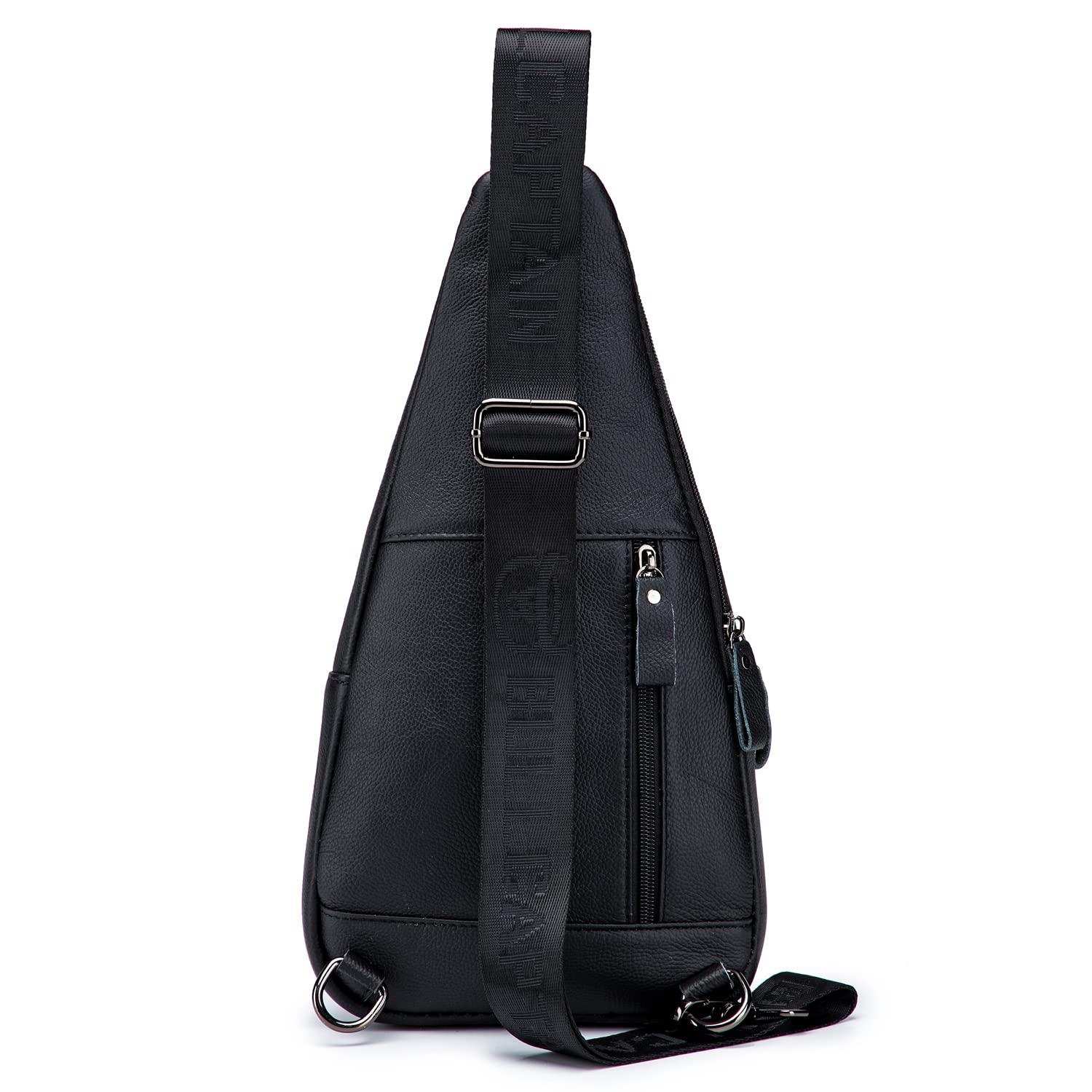Hebetag Hebetag Leather Sling Crossbody Bag Casual Daypack for Men Women Outdoor Travel Hiking Camping Fishing Shoulder Chest Pack Day Pack, Black