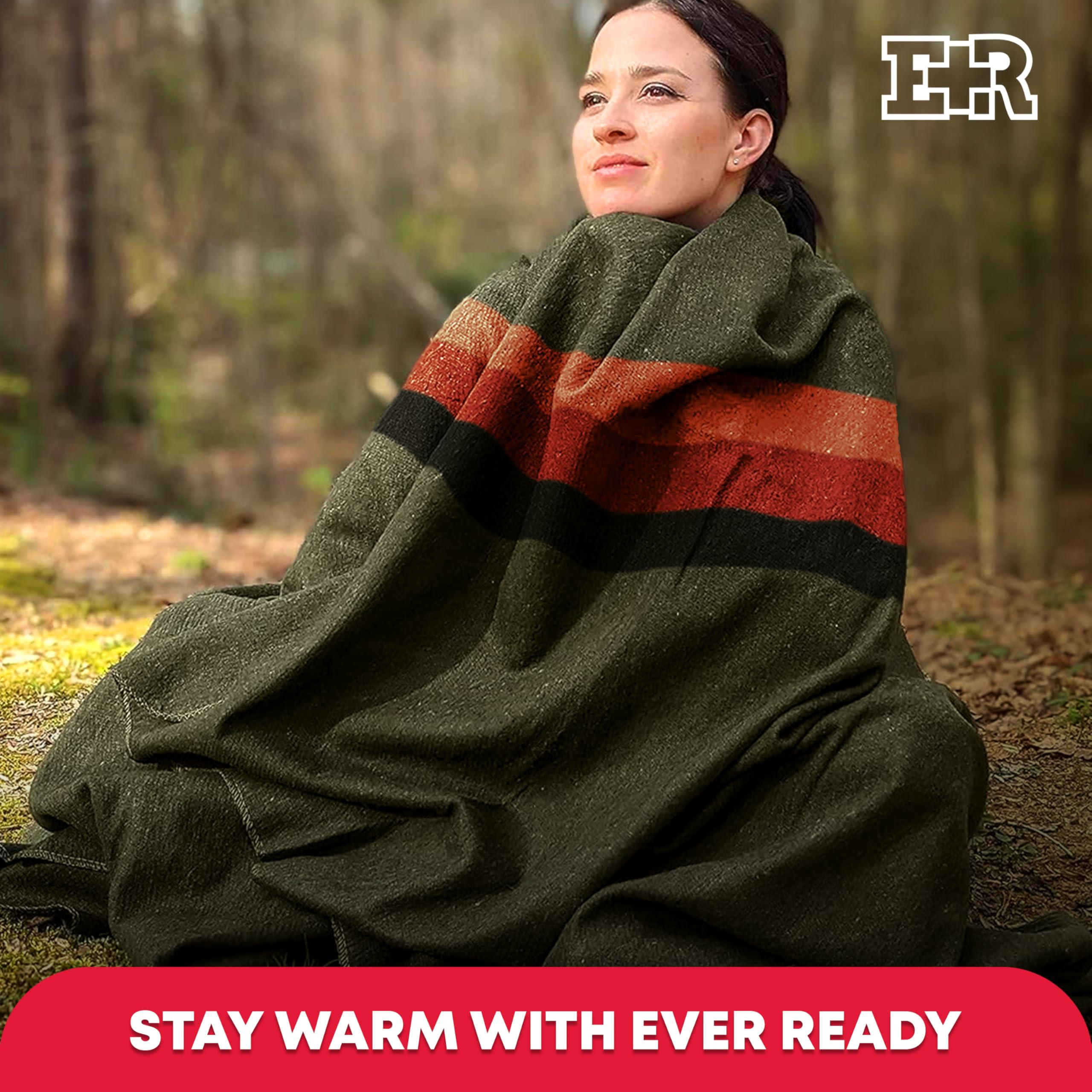 Ever Ready First Aid Military Wool Blanket - 95% Wool, Washable, Perfect for Outdoors, Travel, Car & Bushcraft Emergency Blanket, 96" x 96" 6.65 lbs. - Olive Drab Green with Stripes - Queen Size