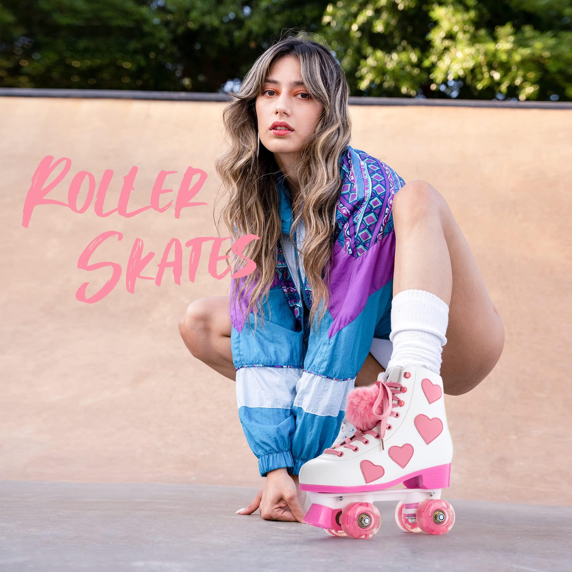 Ruthfot Ruthfot Women\'s and Girl\'s Classic Roller Skates with Light up Wheels and Love Heart Pattern, High-top PU Leather Rollerskates