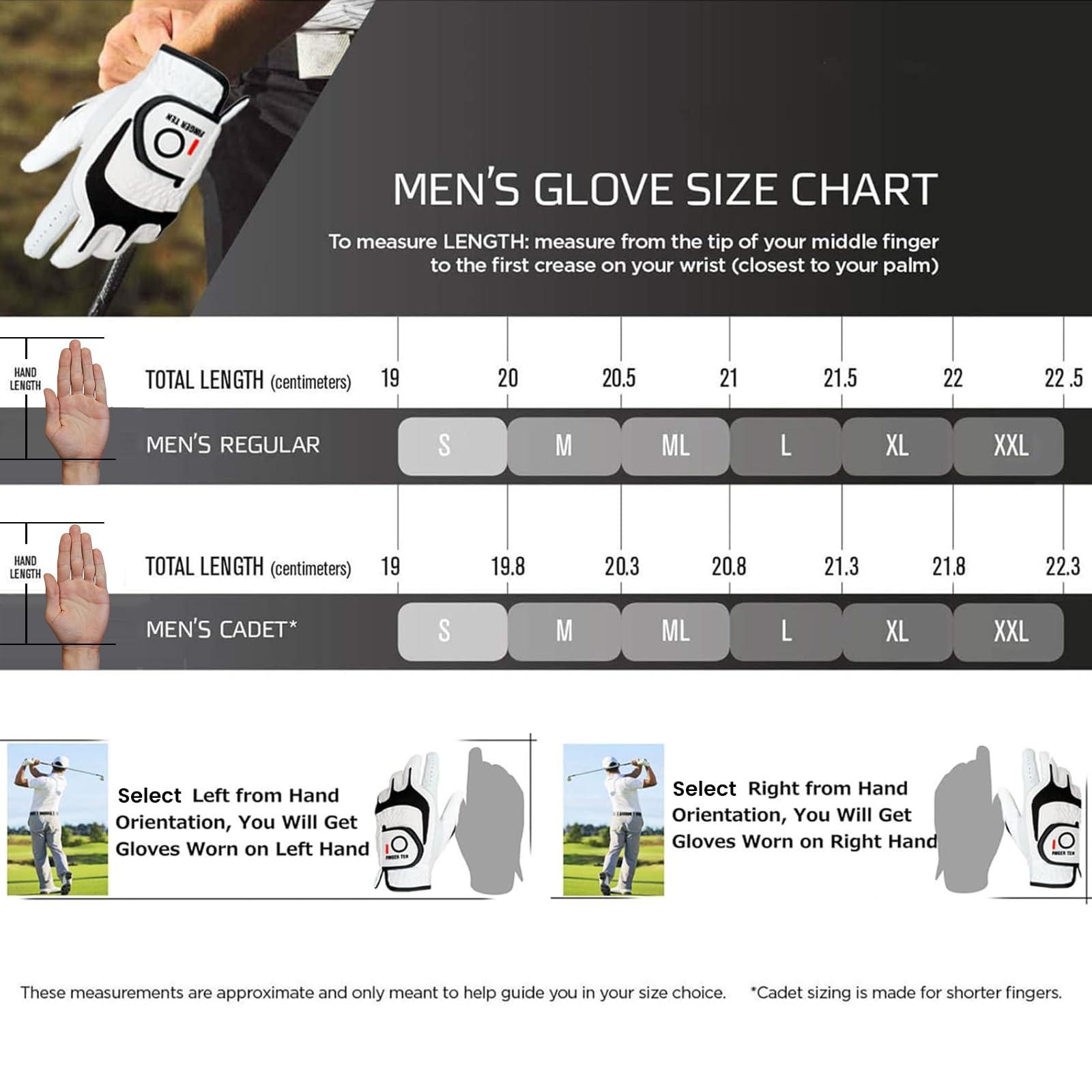 FINGER TEN FINGER TEN Golf Gloves Men Right Left Handed Golfer 3/6 Pack Mens Golf Glove Left Right Hand Soft Cabretta Leather All Weather Grip Size S M ML L XL (White-6 Pack, X-Large, Left)