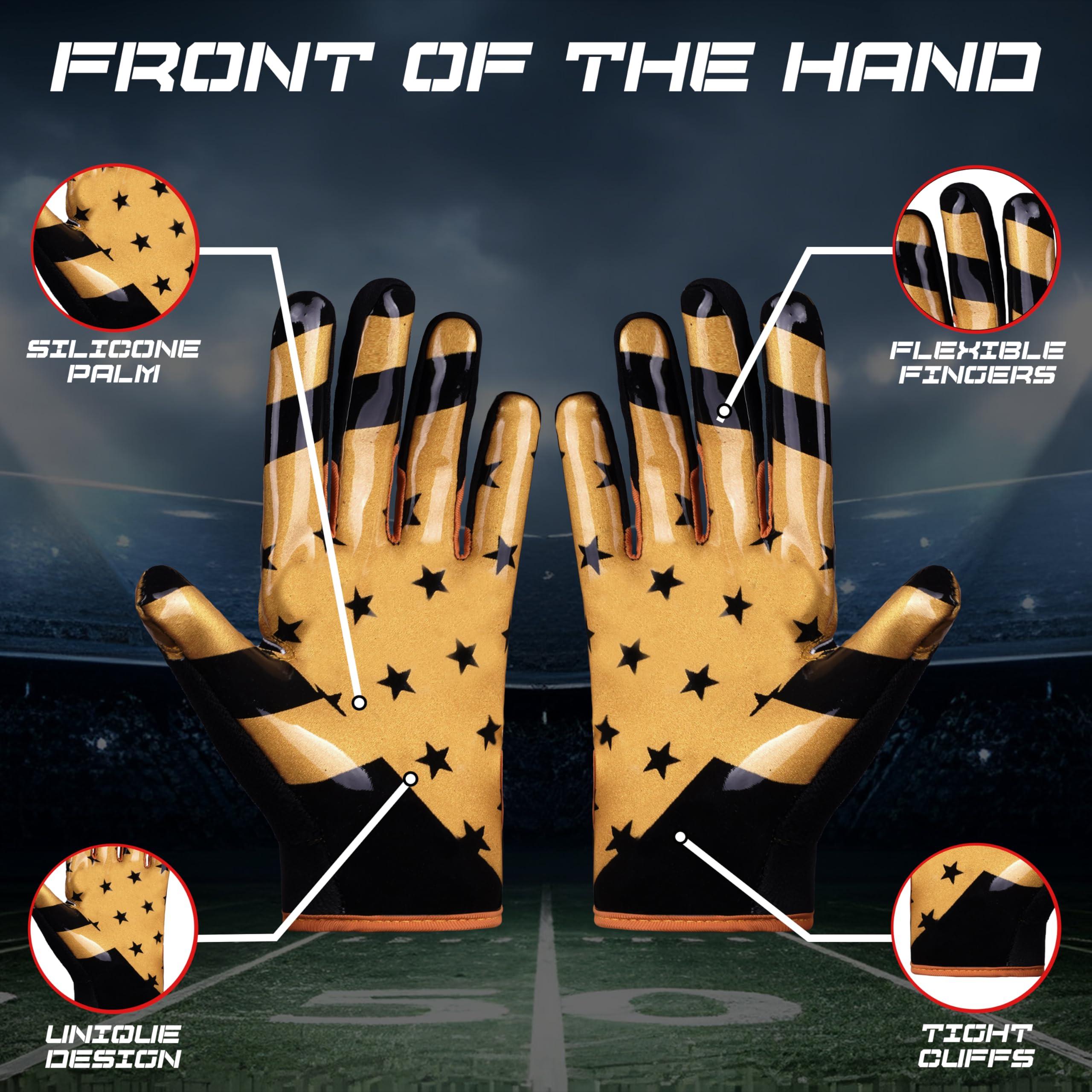 LYRX LYRX Professional Football Receiver Gloves with Optimal Silicone Palm Non-Slip Grip Control Ultra-Stick Sports Lightweight Glove and Precision Fit (Black-Gold Flag, Adult XL (7.8"))