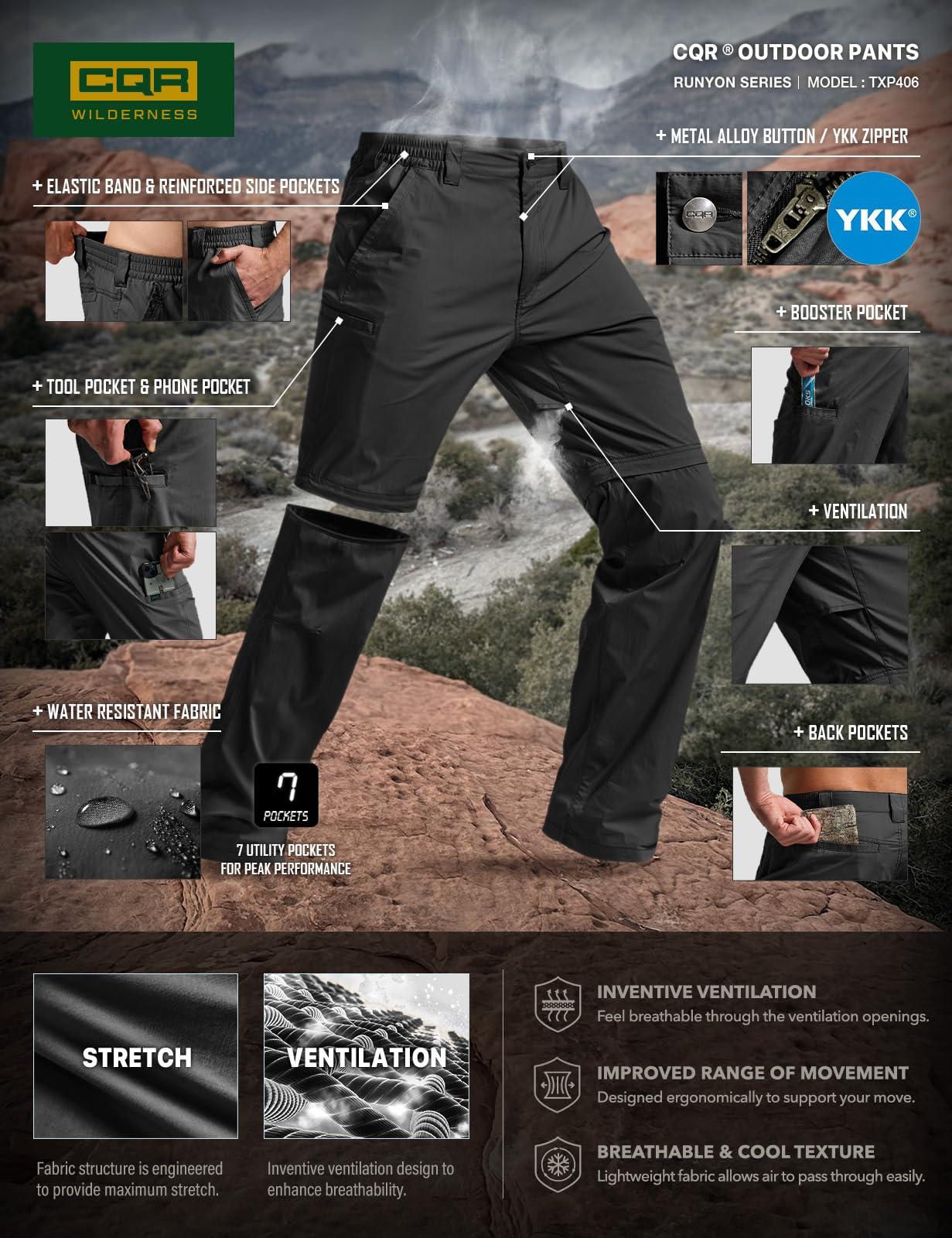 CQR CQR Men's Convertible Cargo Tactical Pants, Water Resistant Outdoor Hiking Pants, Zip Off Lightweight Stretch Work Pants, Runyon Black, 28W x 30L